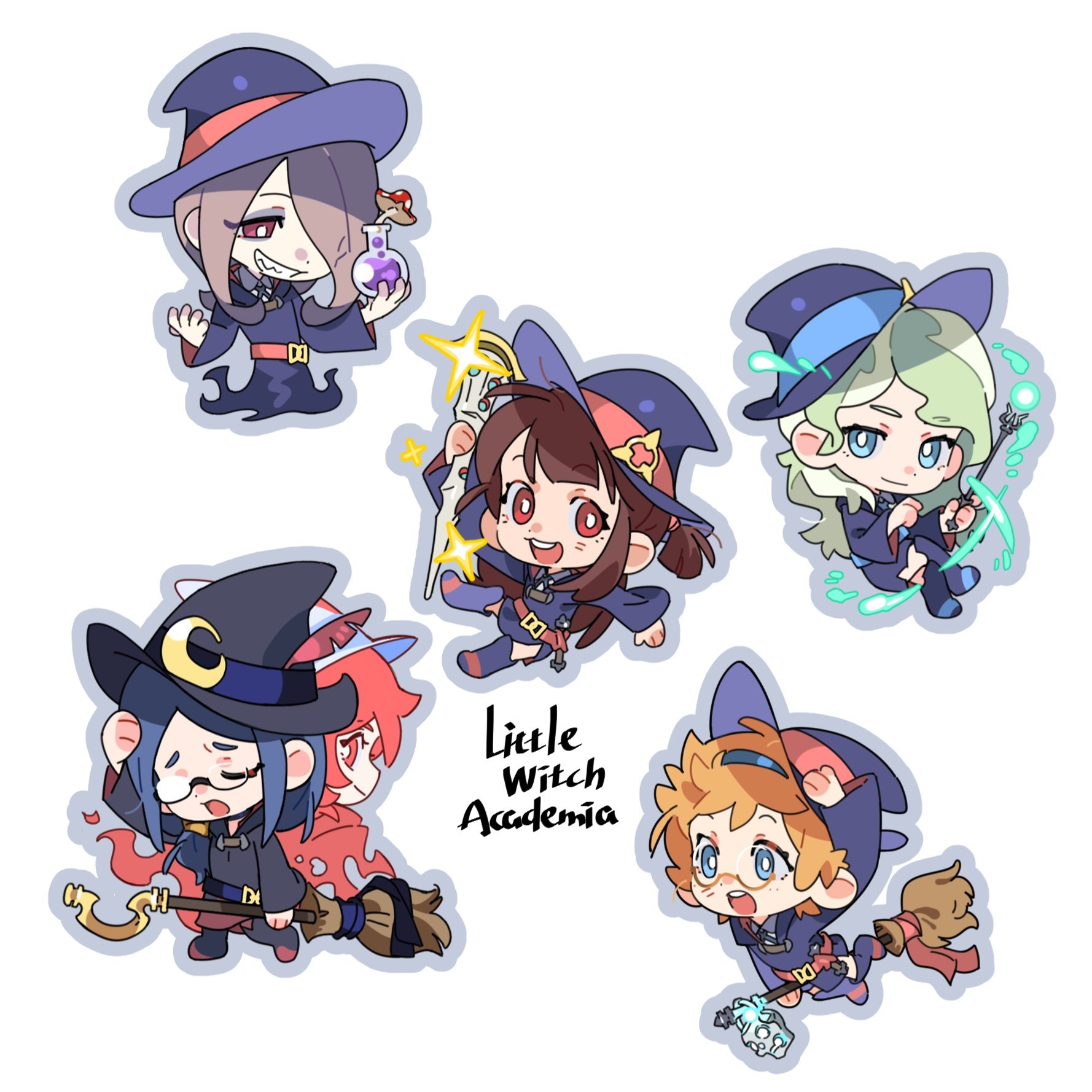 molu stranger, diana cavendish, kagari atsuko, lotte jansson, shiny chariot, sucy manbavaran, ursula charistes, little witch academia, highres, 5girls, :3, black-framed eyewear, blue eyes, blue hair, blue headband, broom, broom riding, brown hair, character cutout, chibi, chibi only, copyright name, freckles, glasses, grin, hat, headband, holding, holding wand, luna nova school uniform, multiple girls, mushroom, orange-framed eyewear, orange hair, potion, red eyes, round eyewear, school uniform, sharp teeth, smile, teeth, wand, white background, witch hat