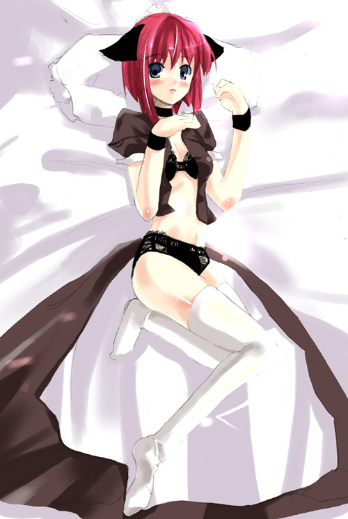 shigen, hisui (tsukihime), tsukihime, 00s, 1girl, animal ears, bed, bra, cat ears, female focus, lingerie, lying, maid, midriff, navel, open clothes, open shirt, panties, shirt, solo, thighhighs, underwear, white thighhighs