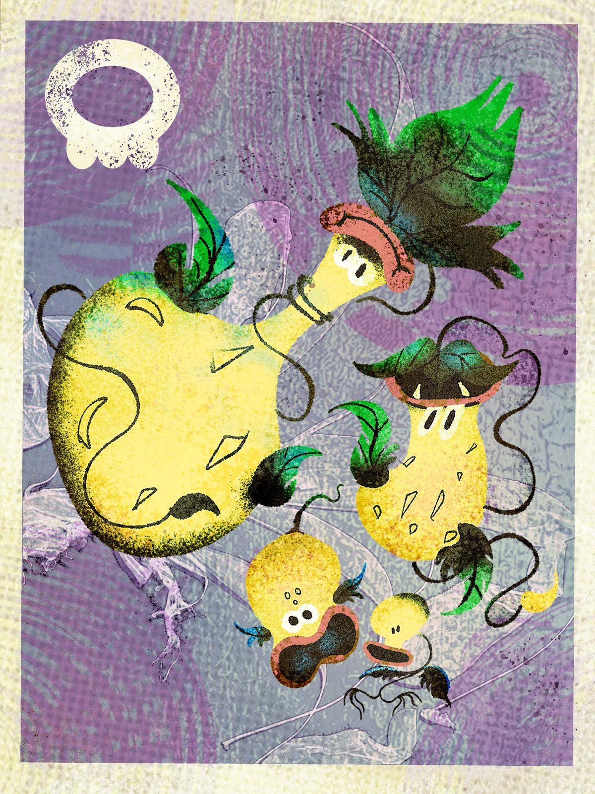 suscipepe, bellsprout, mega victreebel, victreebel, weepinbell, nintendo, pokemon, commentary, english commentary, highres, border, closed mouth, colored skin, evolutionary line, fangs, gen 1 pokemon, leaf, mega pokemon, no humans, open mouth, pokemon (creature), pokemon focus, smile, teeth, white border, yellow skin