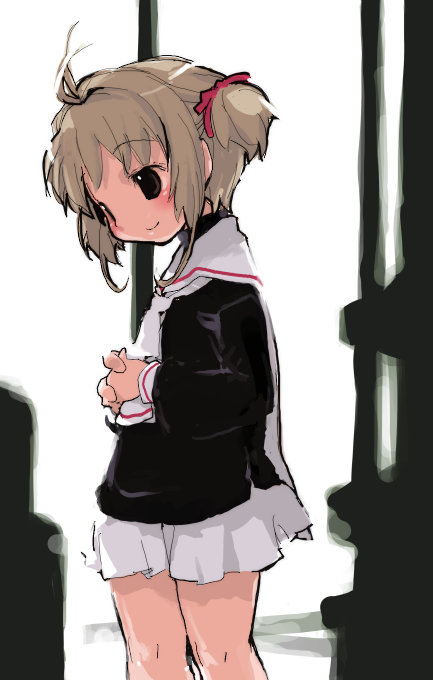 najimi shin, kinomoto sakura, cardcaptor sakura, 1990s (style), 1girl, alternate eye color, antenna hair, black shirt, blouse, blush, brown eyes, brown hair, child, female focus, necktie, own hands clasped, own hands together, pleated skirt, retro artstyle, school uniform, serafuku, shirt, short hair, short twintails, skirt, smile, solo, standing, tomoeda middle school uniform, twintails, white necktie