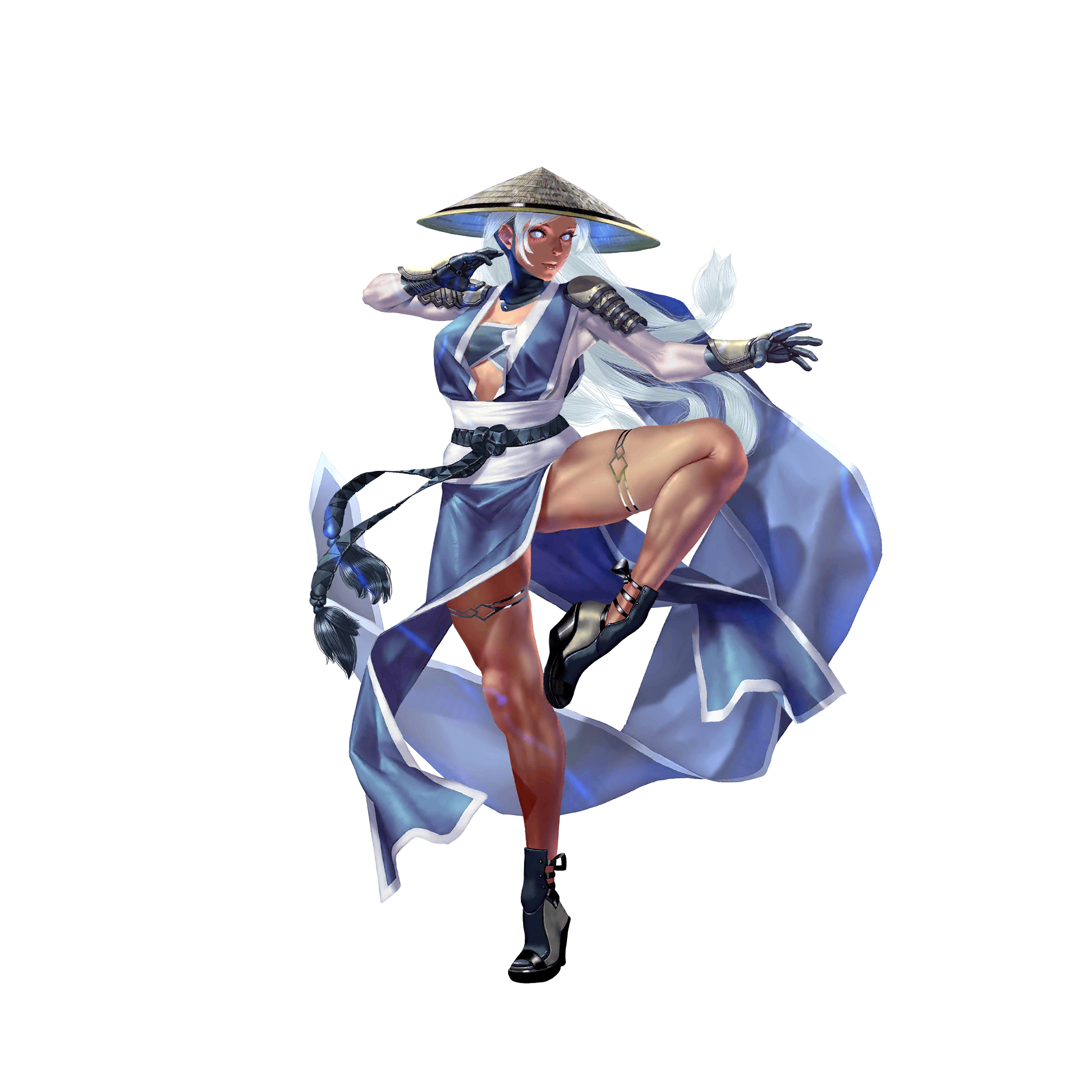 crystal maiden (series), artist request, game cg, highres, official art, variant set, 1girl, akira (crystal maidens), armor, bare legs, blue eyes, blue hair, breasts, full body, gloves, hat, long hair, long sleeves, rice hat, shoulder armor, solo, standing, standing on one leg, transparent background