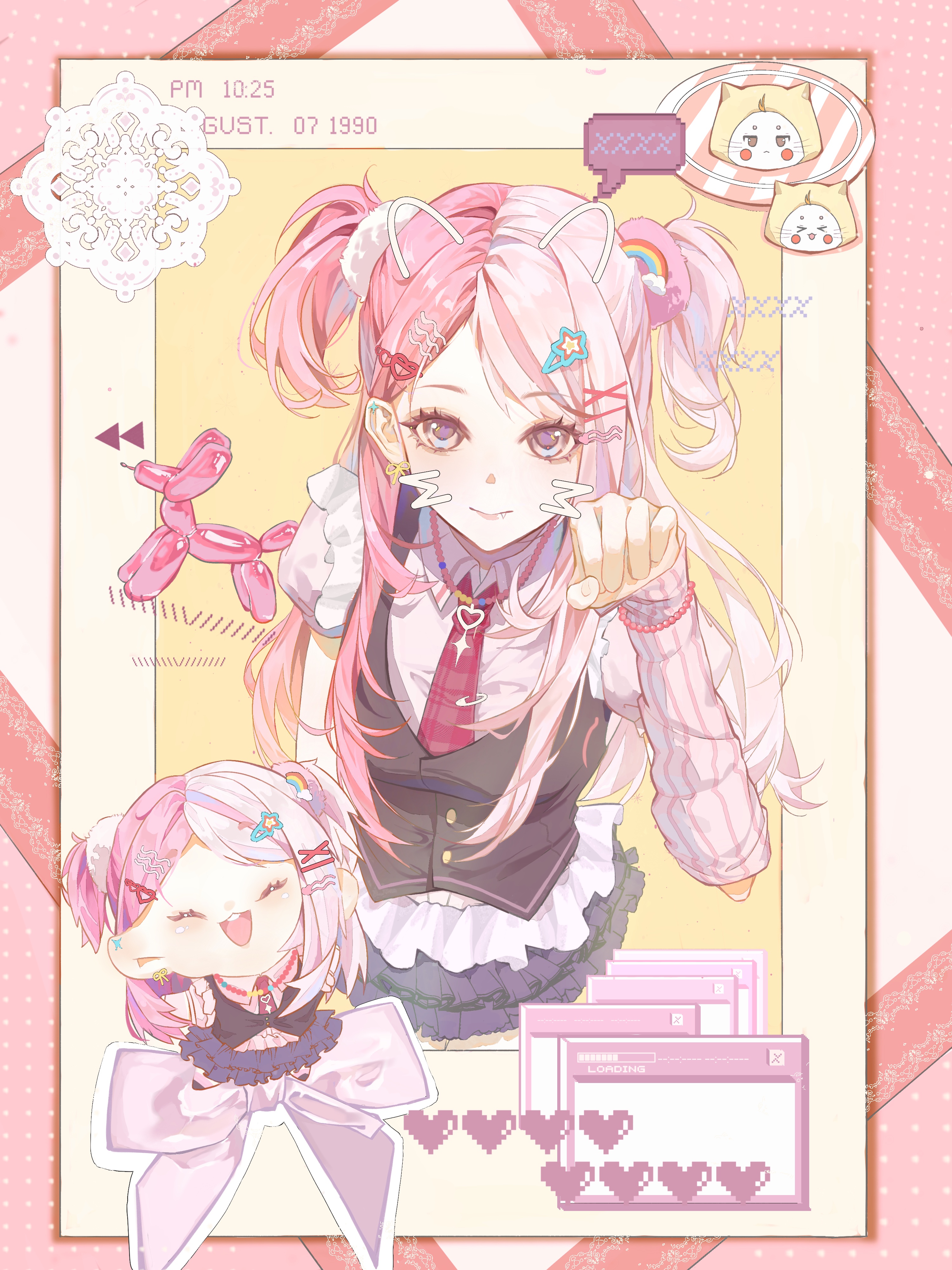 momo (nikki), rosie sweetheart (infinity nikki), infinity nikki, nikki (series), social network, absurdres, chinese commentary, commentary request, highres, making-of available, 1girl, animal ears, arm warmers, balloon animal, bead bracelet, bead necklace, beads, black shoes, black skirt, black vest, bracelet, brown eyes, buttons, cat ears, chibi, clenched hand, closed mouth, collared shirt, drawn ears, drawn whiskers, eyelashes, fingernails, frilled shirt, frilled skirt, frilled vest, frills, hair ornament, hair scrunchie, hairclip, halftone, halftone background, heart, heart hair ornament, heart necklace, jewelry, leg warmers, light blush, light smile, lips, long hair, long sidelocks, looking at viewer, microskirt, multicolored hair, multiple views, necklace, necktie, outside border, paperclip, parallel hairclips, paw pose, pink arm warmers, pink background, pink hair, pink leg warmers, pink lips, pink necktie, pink scrunchie, pink shirt, puffy short sleeves, puffy sleeves, qingqi (xhs 5546637467), rainbow hair, scrunchie, shirt, shoes, short sleeves, sidelocks, single arm warmer, skirt, split-color hair, star (symbol), star hair ornament, tie clip, timestamp, two-tone background, two side up, very long hair, vest, white scrunchie, window (computing), x hair ornament, y2k fashion, yellow background
