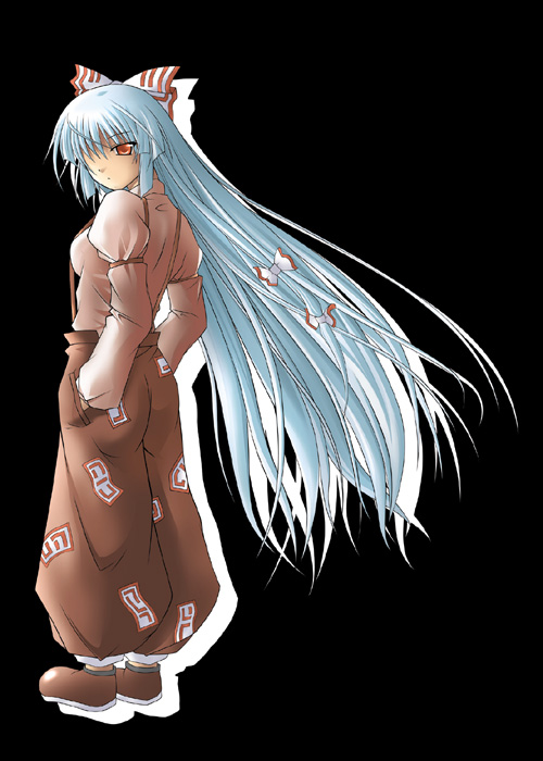 kirisaki byakko, fujiwara no mokou, touhou, silver hair, 1girl, black background, bow, breasts, dark, female focus, from behind, full body, hair bow, hair over one eye, hands in pockets, large bow, loafers, long hair, looking at viewer, looking back, orange eyes, pants, shirt, shoes, simple background, small breasts, solo, standing, suspenders, very long hair