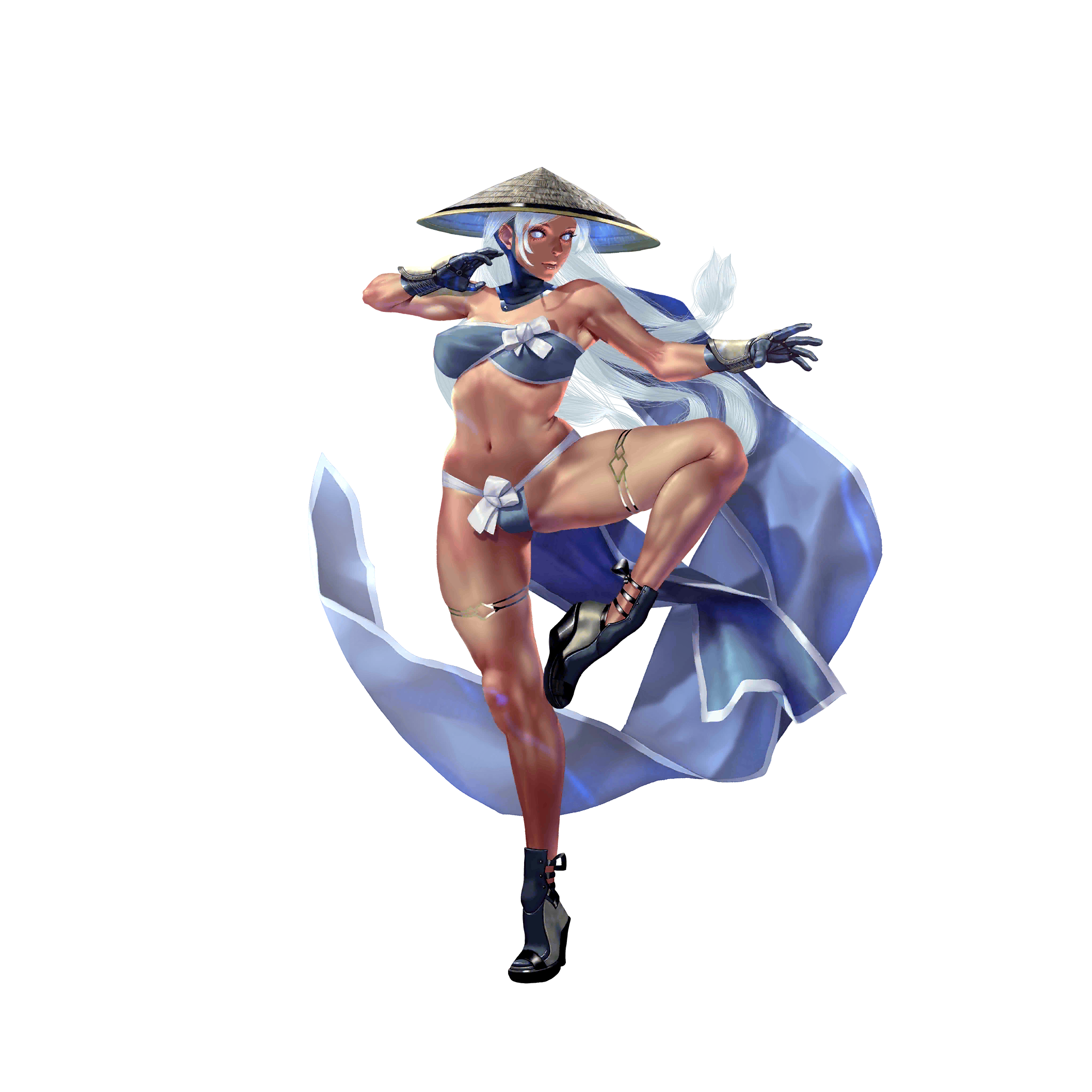 crystal maiden (series), artist request, game cg, highres, official art, variant set, 1girl, akira (crystal maidens), armor, bare arms, bare legs, bare shoulders, blue eyes, blue hair, bow, breasts, covered erect nipples, full body, gloves, groin, hat, long hair, long sleeves, navel, rice hat, shoulder armor, solo, standing, standing on one leg, transparent background, white bow