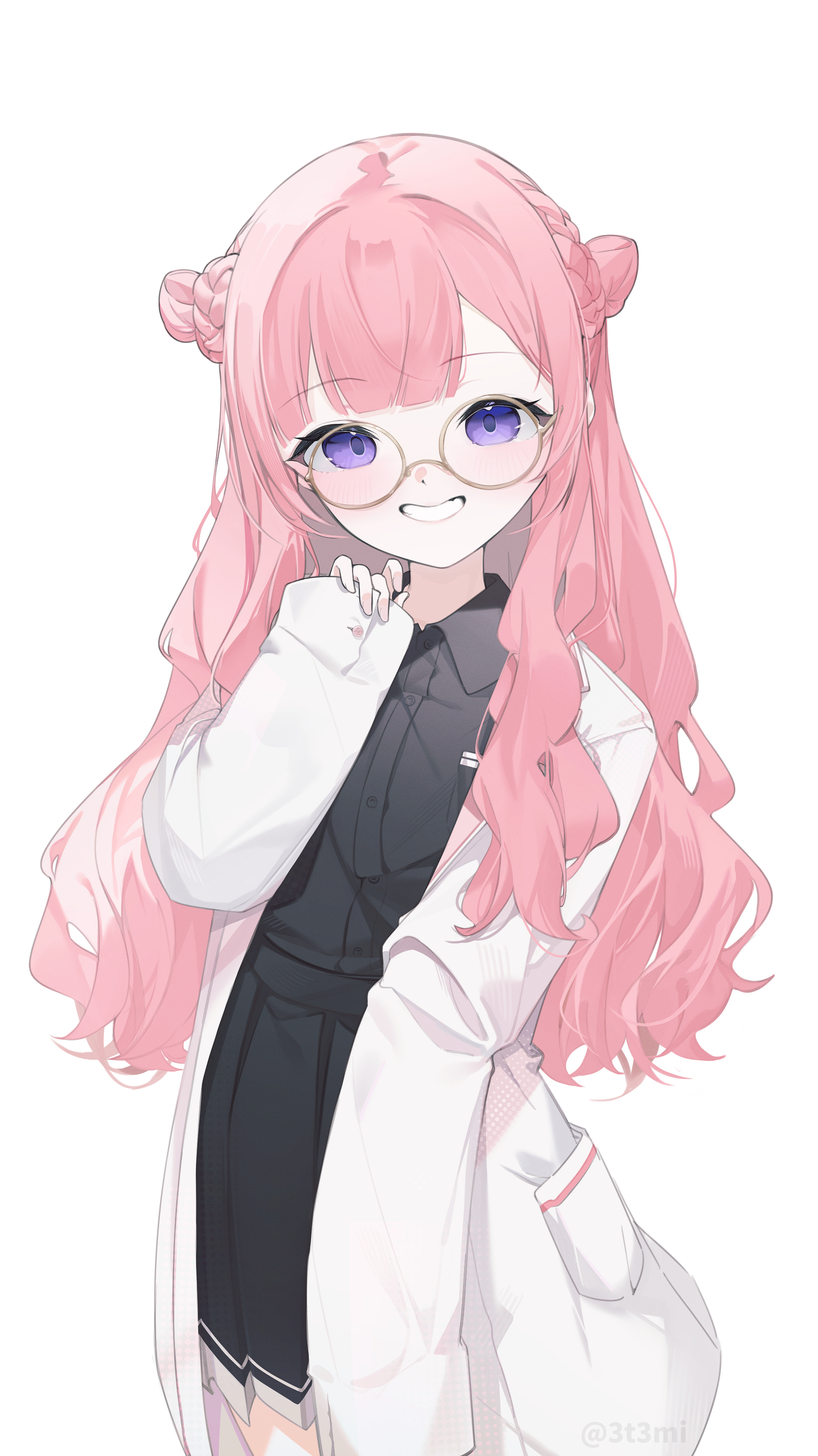 mimizuku (mmiganaru), nijisanji, absurdres, highres, 1girl, black shirt, black skirt, grin, lab coat, long hair, pink hair, purple eyes, round eyewear, shirt, skirt, smile, solo, standing, suo sango (3rd costume), virtual youtuber