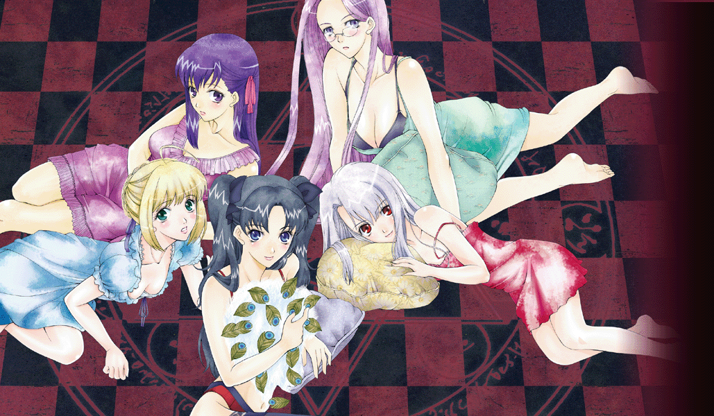 hoshitsuki neon, artoria pendragon (fate), illyasviel von einzbern, matou sakura, medusa (fate), medusa (rider) (fate), saber (fate), tohsaka rin, fate/stay night, fate (series), md5 mismatch, resolution mismatch, source smaller, 00s, 5girls, barefoot, blonde hair, feet, lingerie, long legs, looking at viewer, looking up, multiple girls, nightgown, underwear