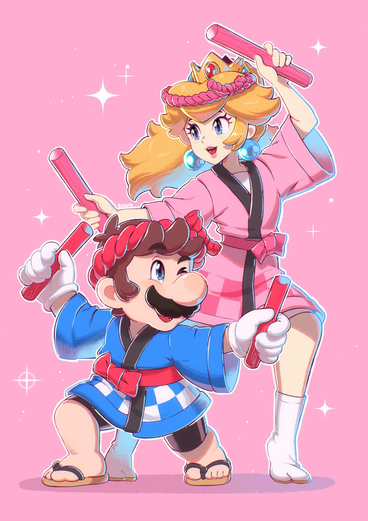 saiwo (saiwoproject), mario, princess peach, mario (series), nintendo, highres, 1boy, 1girl, blonde hair, blue eyes, blue happi, breasts, brown hair, crown, earrings, facial hair, gloves, happi, holding, japanese clothes, jewelry, lipstick, long hair, makeup, mustache, open mouth, pink background, pink lips, ponytail, sandals, sash, short hair, simple background, smile, socks, sphere earrings, taiko sticks, teeth, white gloves, white socks