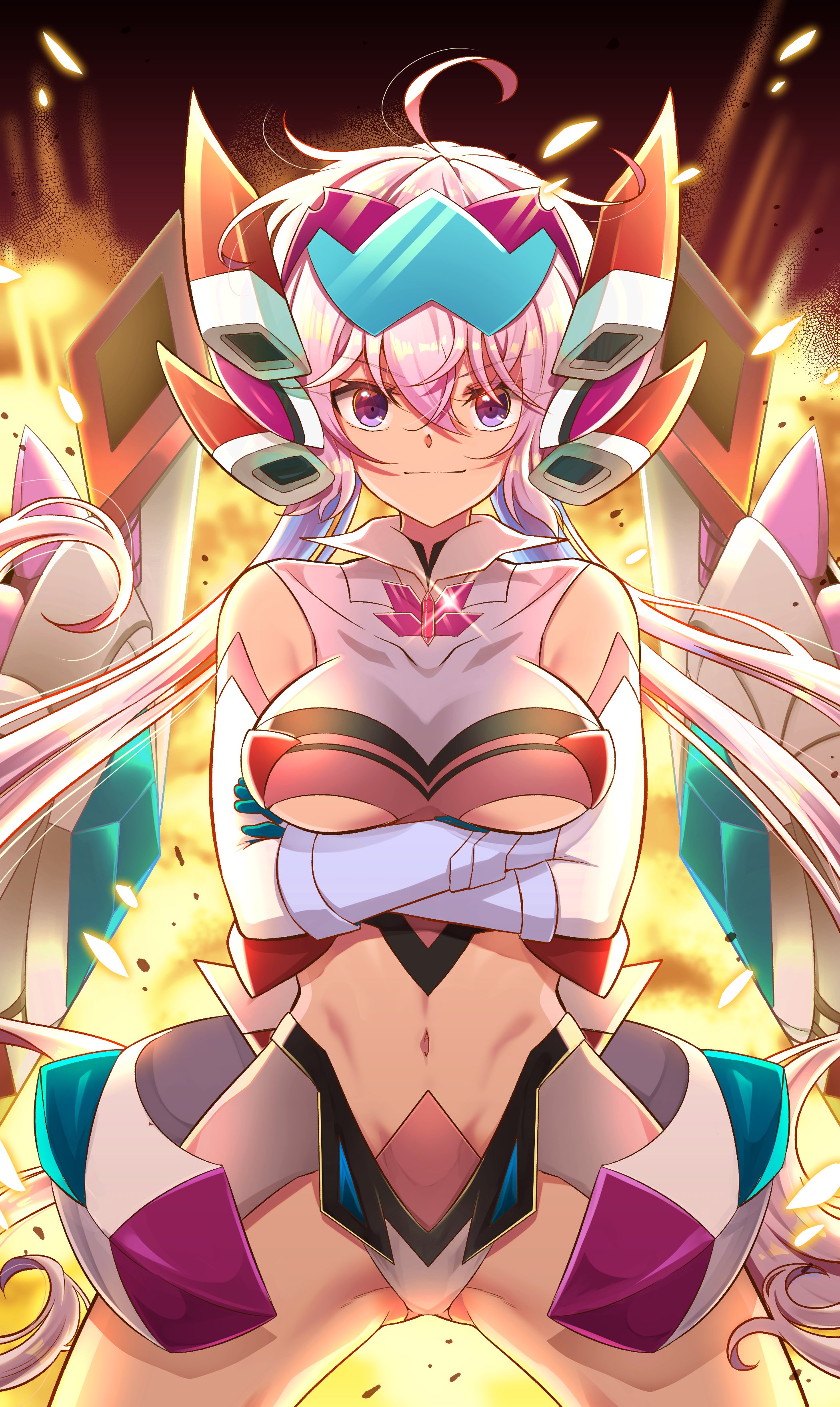 huleito, yukine chris, senki zesshou symphogear, senki zesshou symphogear xd unlimited, absurdres, commentary request, highres, 1girl, ahoge, arms under breasts, blue hair, breasts, closed mouth, cowboy shot, crossed arms, crossed bangs, explosion, glint, hair between eyes, headgear, large breasts, long hair, looking at viewer, multicolored hair, navel, pink hair, purple eyes, smug, solo, split mouth, standing, symphogear pendant, v-shaped eyebrows, very long hair
