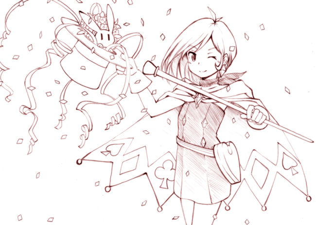 sakaki soshi, trucy wright, ace attorney, apollo justice: ace attorney, commentary request, 1girl, ;), antenna hair, belt, belt pouch, brooch, brown theme, cape, closed mouth, confetti, cowboy shot, crystal, dress, earrings, floating hair, flower, gloves, hands up, hat, hatching (texture), heart pouch, holding, holding unworn clothes, holding unworn hat, holding wand, jewelry, linear hatching, looking at viewer, magician, medium hair, monochrome, one eye closed, parted bangs, pouch, rabbit, scarf, short dress, simple background, sleeveless, sleeveless dress, smile, solo, standing, streamers, top hat, unworn hat, unworn headwear, wand, white background