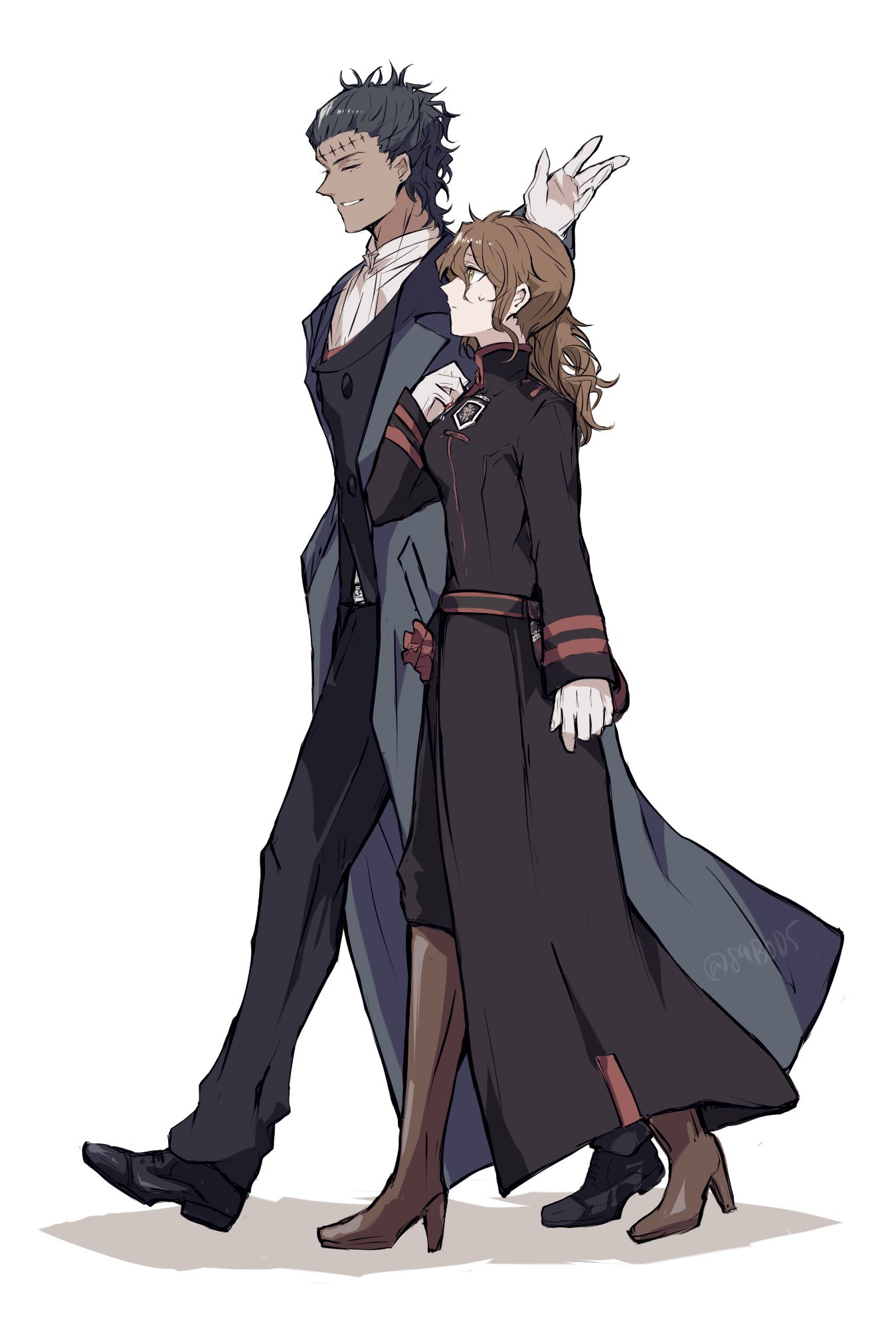 sodamachi, miranda lotto, tyki mikk, d.gray-man, highres, 1boy, 1girl, badge, belt, black coat, black hair, black order uniform, black pants, black shoes, blue coat, blue vest, boots, breasts, brown boots, brown eyes, brown hair, closed eyes, coat, dark-skinned male, dark skin, earrings, facial mark, facing to the side, forehead mark, gloves, hair between eyes, hair slicked back, hand up, high heel boots, high heels, jewelry, long coat, long hair, long sleeves, looking at another, low ponytail, male focus, mature female, mature male, medium breasts, military, military uniform, mole, mole under eye, noah (d.gray-man), pants, parted lips, ponytail, profile, saddle shoes, shirt, shoes, short hair, sidelocks, signature, simple background, striped coat, stud earrings, sweat, sweatdrop, twitter username, vertical-striped coat, vest, wavy hair, white background, white gloves, white shirt