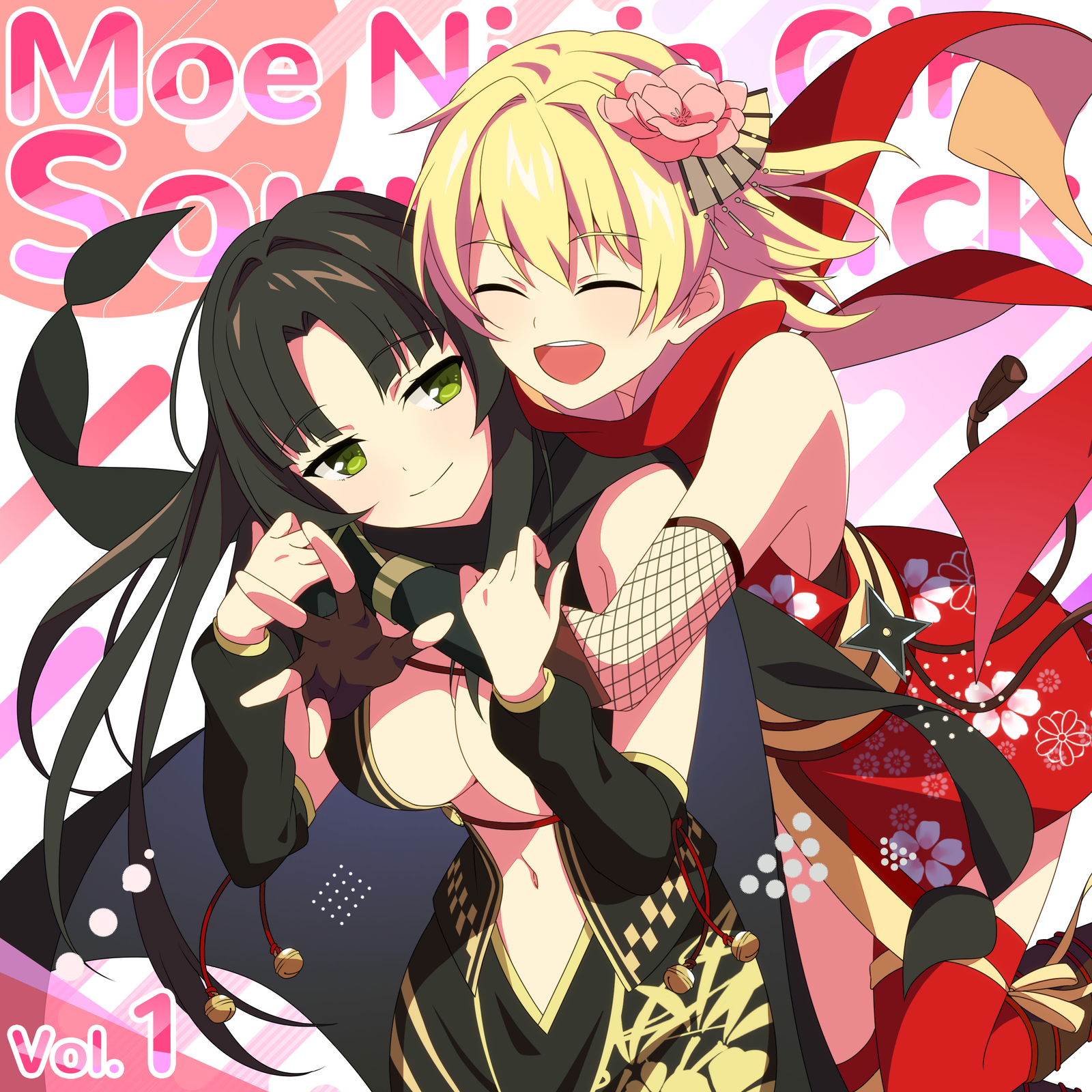 hanao akari, saion-ji enju, moe! ninja girls, highres, official art, 2girls, :d, bare shoulders, black hair, blonde hair, breasts, closed eyes, fishnet gloves, fishnets, flower, gloves, green eyes, hair flower, hair ornament, hug, hug from behind, large breasts, long hair, looking at another, multiple girls, navel, ninja, open mouth, shuriken, smile, stomach, teeth, upper teeth only, very long hair, weapon