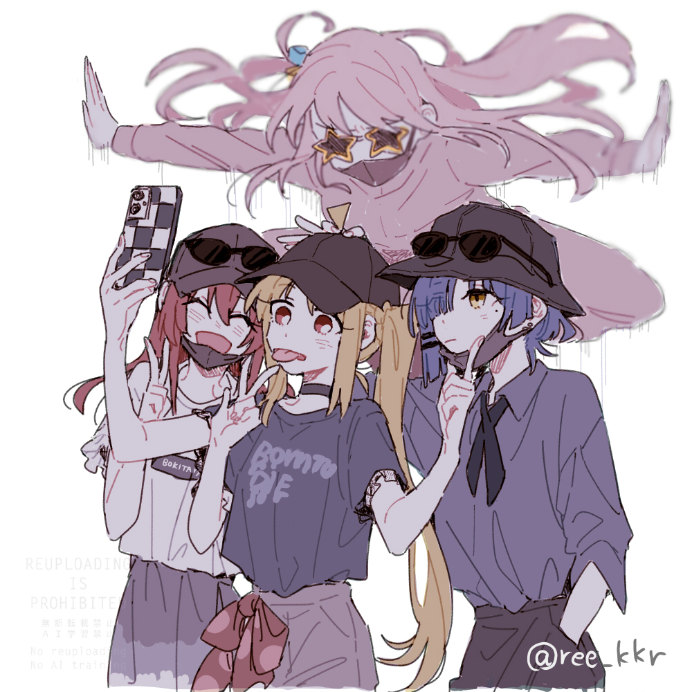 ree (re-19), gotoh hitori, ijichi nijika, kita ikuyo, yamada ryo, bocchi the rock!, commentary request, 4girls, :d, :p, ahoge, artist name, asymmetrical sidelocks, baseball cap, black choker, black hat, black pants, black ribbon, blonde hair, blue hair, blush, bucket hat, cellphone, choker, closed eyes, closed mouth, clothes writing, collared shirt, cowboy shot, double v, earrings, eyes visible through hair, eyewear on headwear, floating hair, furrowed brow, grey shirt, grey shorts, grey skirt, hair between eyes, hair ornament, hair over one eye, hair through headwear, hairclip, hand in pocket, hand on another's chin, hand on another's head, hand up, hands up, hat, hatching (texture), holding, holding phone, jacket, jewelry, jumping, kessoku band, linear hatching, long hair, long sleeves, mask, mask pull, mole, mole under eye, motion lines, mouth mask, multiple girls, neck ribbon, one eye covered, open mouth, outstretched arms, pants, parallel hairclips, phone, pink hair, pink jacket, pink pants, red eyes, red hair, ribbon, selfie, shirt, shirt tucked in, short hair, short sleeves, shorts, side ponytail, sidelocks, simple background, skirt, smartphone, smile, spread arms, star-shaped eyewear, star (symbol), sunglasses, t-shirt, taking picture, three-quarter sleeves, tongue, tongue out, twitter username, v, very long hair, watermark, white background, white shirt, yellow-framed eyewear, yellow eyes