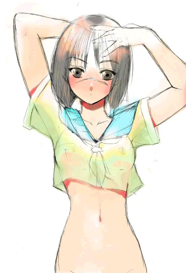 tsumura tokiko, busou renkin, 00s, 1girl, arm behind head, arms up, blue sailor collar, blush, bob cut, bottomless, breasts, covered erect nipples, crop top, expressionless, female focus, grey eyes, grey hair, groin, hand on own head, looking at viewer, narrow waist, navel, necktie, out-of-frame censoring, sailor collar, scar, scar on face, scar on nose, school uniform, see-through clothes, serafuku, shirt, short hair, short sleeves, simple background, sketch, small breasts, solo, standing, white background, wide sleeves