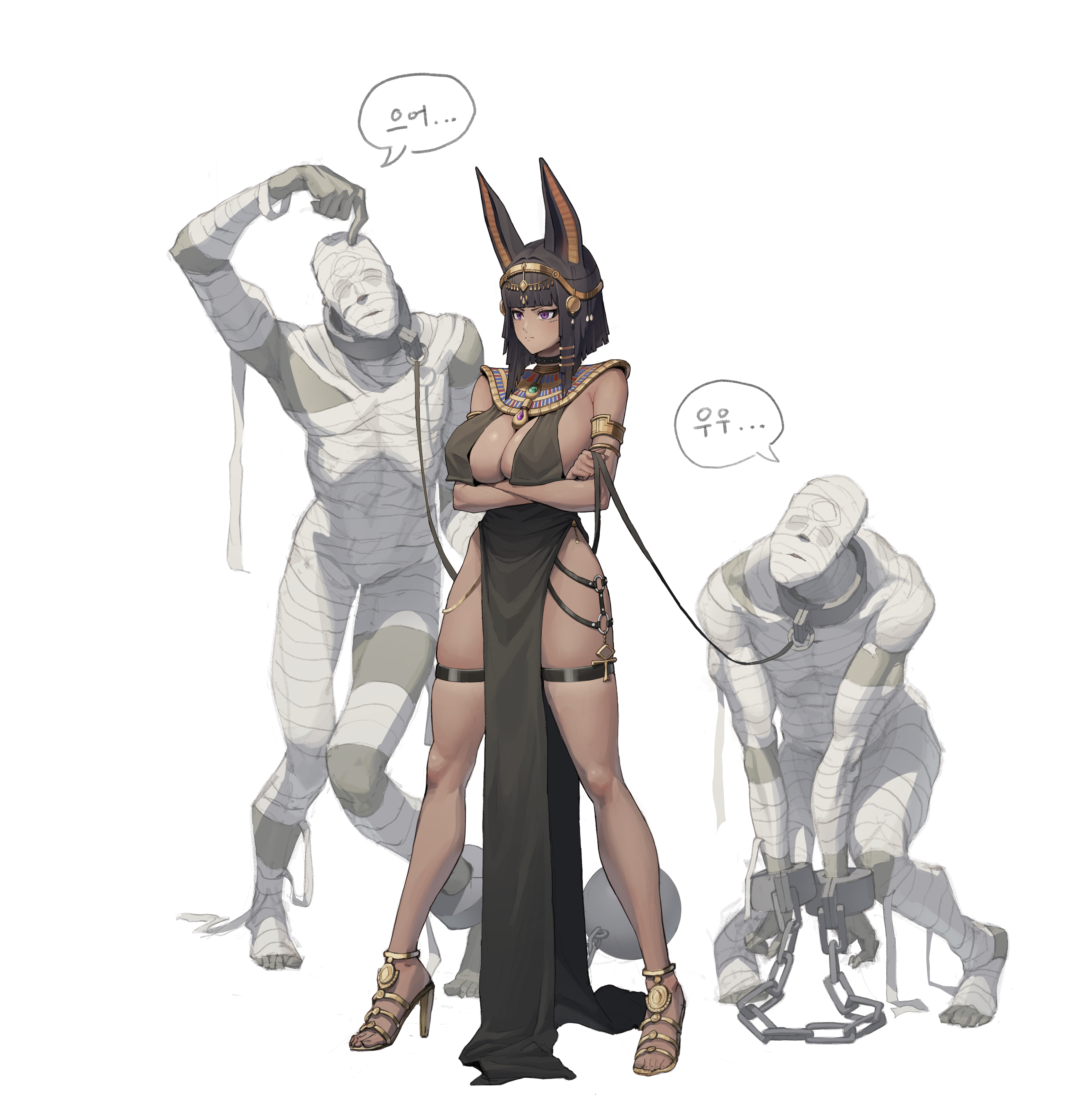 woottak09, original, gold armlet, absurdres, commentary request, highres, korean commentary, translation request, 1girl, 2others, animal ears, ankh, ball and chain restraint, bandages, black choker, black dress, black hair, blunt bangs, blunt ends, bound, bound wrists, breasts, choker, closed mouth, collar, crossed arms, cuffs, dark-skinned female, dark skin, dress, feet, full body, gold sandals, headpiece, high heel sandals, holding, holding leash, jackal ears, jackal girl, korean text, large breasts, leash, metal collar, multiple others, mummy, o-ring, pelvic curtain, purple eyes, sandals, scratching head, shackles, sidelocks, simple background, skindentation, speech bubble, standing, studded choker, thigh strap, toes, usekh collar, white background