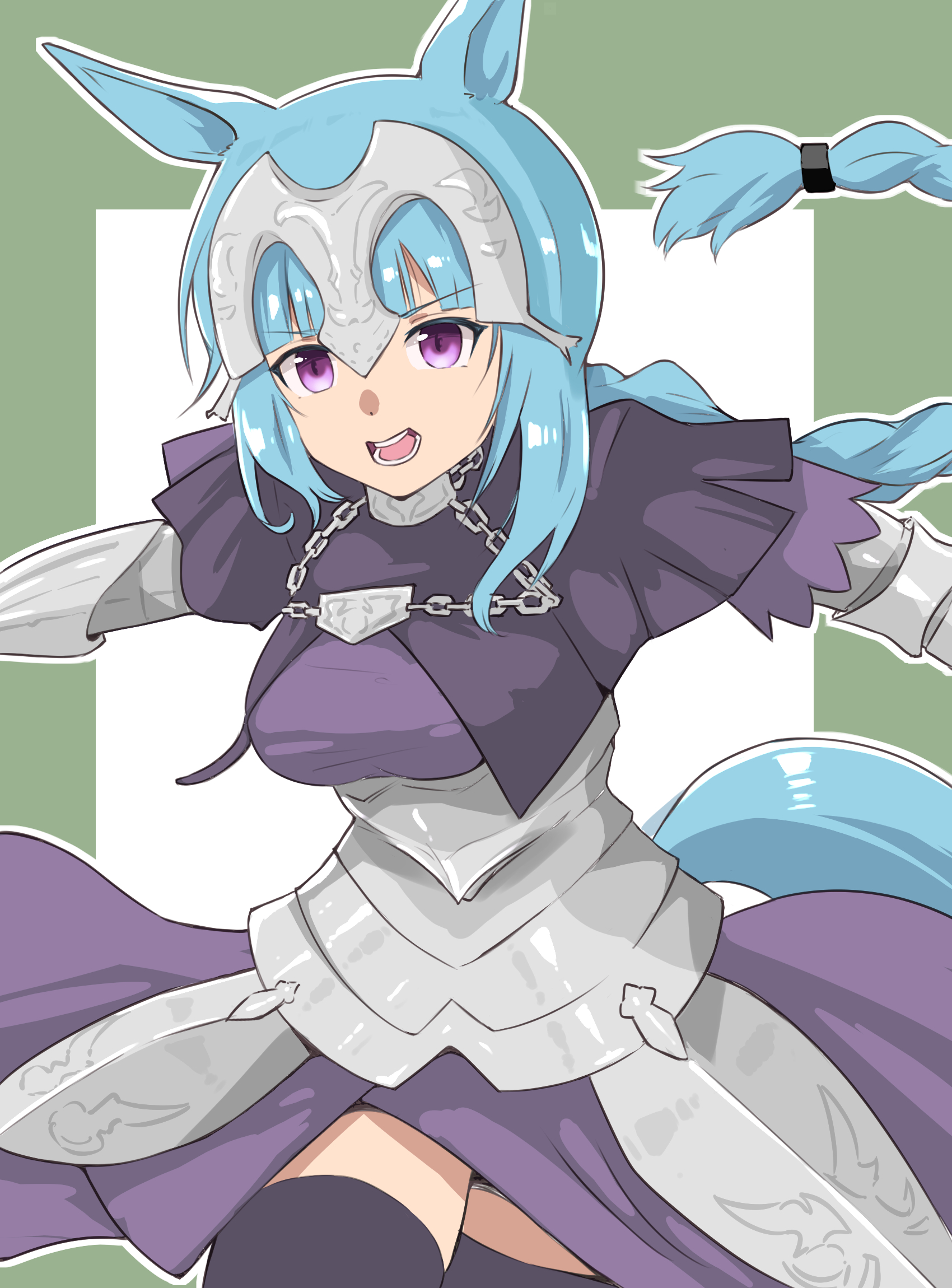 enukee, jeanne d'arc (fate), jeanne d'arc (ruler) (fate), mejiro ardan (umamusume), fate/grand order, fate (series), umamusume, highres, 1girl, animal ears, armor, black thighhighs, blue hair, cosplay, dress, horse ears, horse girl, horse tail, jeanne d'arc (ruler) (fate) (cosplay), looking at viewer, open mouth, purple dress, purple eyes, solo, tail, thighhighs