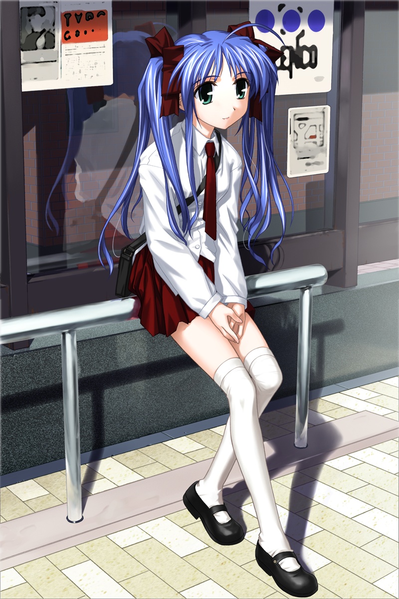 narukaze minamo, wind a breath of heart, highres, 00s, 1girl, blue hair, bow, bulletin board, bus stop, female focus, green eyes, hair bow, light smile, long hair, long sleeves, necktie, on railing, pleated skirt, railing, reflection, school uniform, serafuku, skirt, solo, thighhighs, twintails