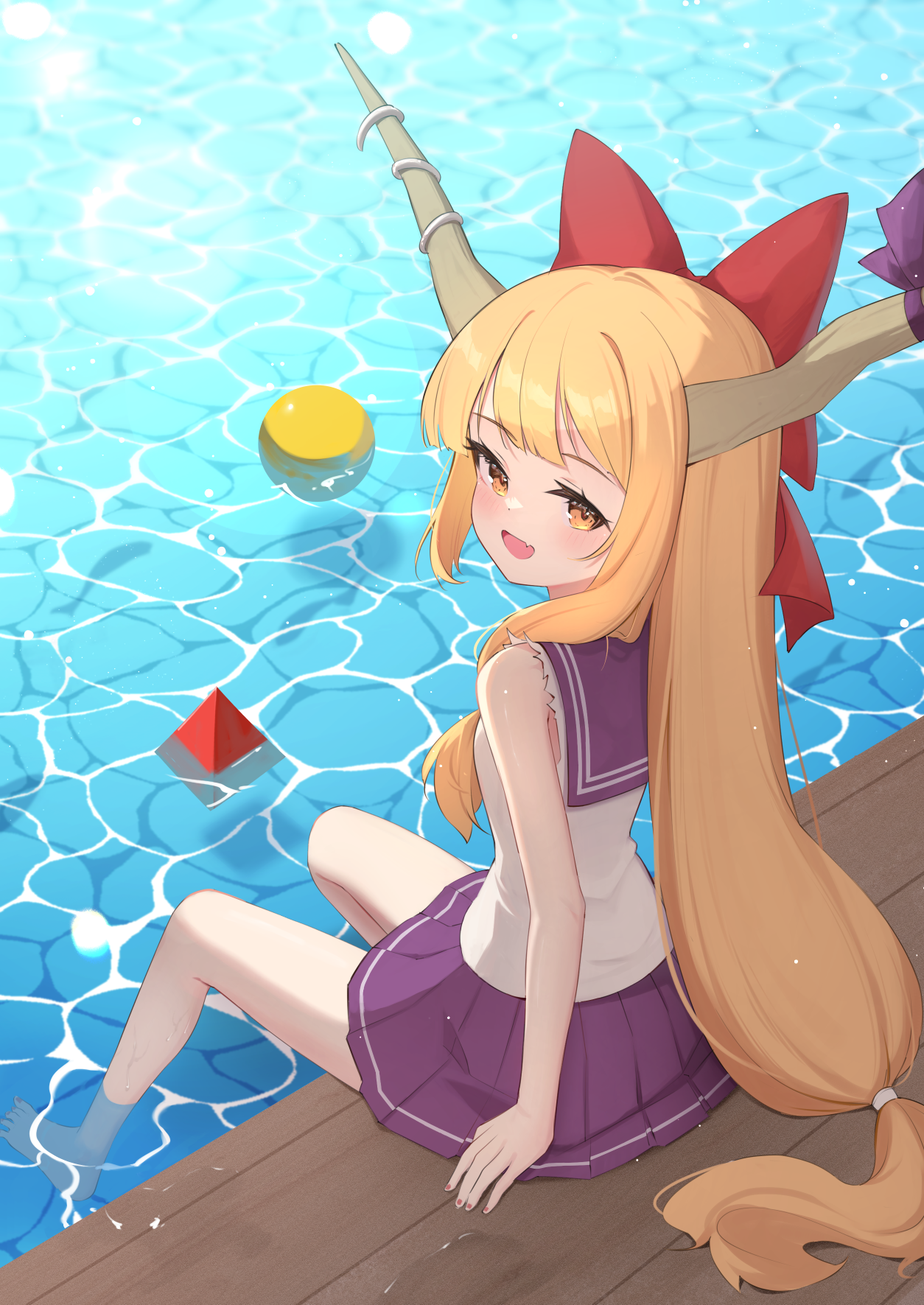 oeyama, ibuki suika, touhou, commentary request, highres, 1girl, :d, ||/, bare arms, bare legs, bare shoulders, barefoot, blush, bow, breasts, brown horns, caustics, fang, from above, from behind, hair bow, horns, looking at viewer, looking back, miniskirt, nail polish, oni, open mouth, orange eyes, orange hair, petite, purple skirt, red bow, sailor collar, shirt, sitting, skin fang, skirt, sleeveless, small breasts, smile, soaking feet, solo, white shirt