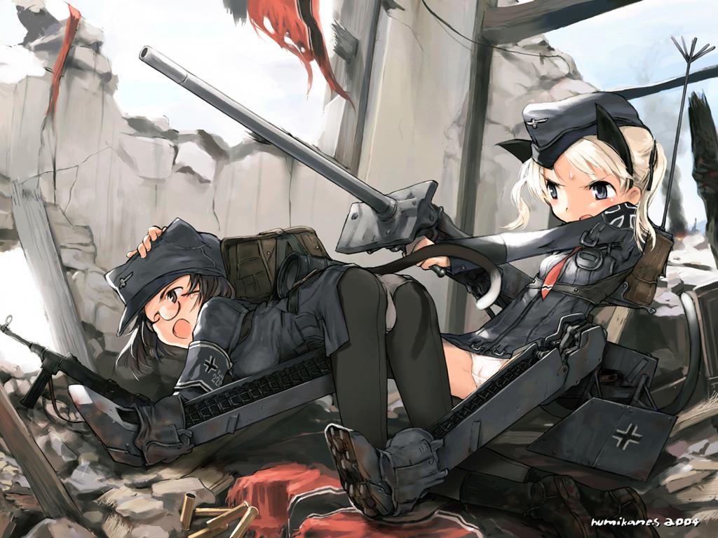 heer, shimada fumikane, konami mecha musume, strike witches, world witches series, vehicle, 00s, 2girls, all fours, animal ears, animal hat, armband, balkenkreuz, bent over, black eyes, black hair, blonde hair, blue eyes, blush, boots, cameltoe, cat, cat ears, cross, garrison cap, glasses, gun, hat, jacket, mecha musume, military, military uniform, military vehicle, motor vehicle, mp 40, multiple girls, necktie, panties, panties under pantyhose, pantyhose, pantyshot, shell casing, sitting, spread legs, submachine gun, tank, underwear, war, weapon, wehrmacht, white panties, world war ii