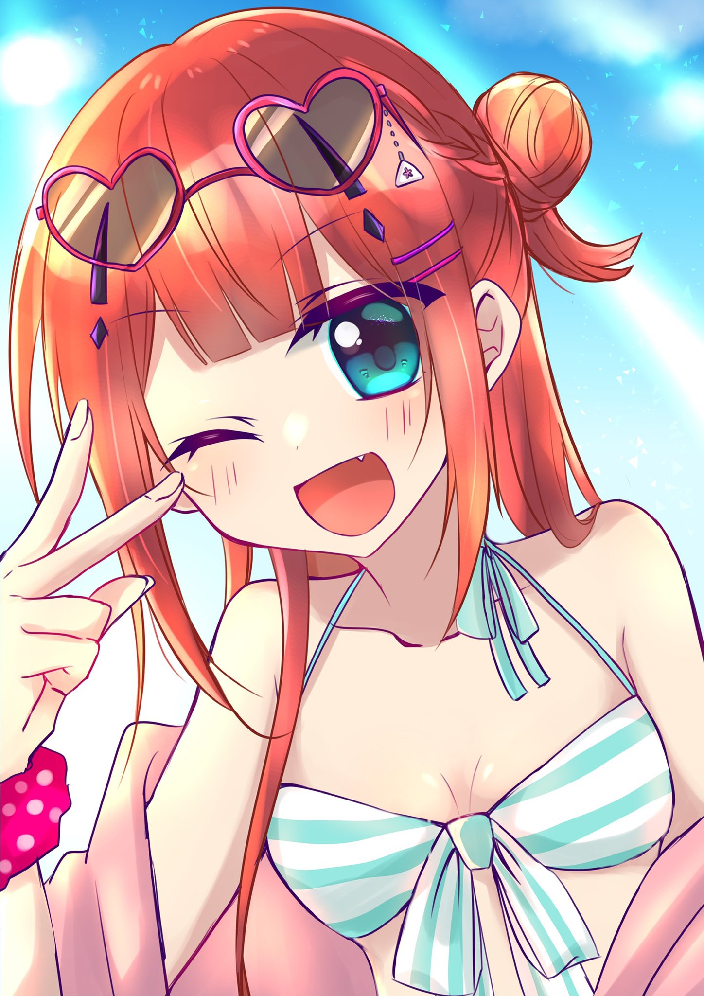 kamiyama shiki, summer pockets, commentary request, highres, 1girl, ;d, alternate costume, alternate hairstyle, aqua bikini, aqua eyes, bare shoulders, bikini, blunt bangs, blush, braid, breasts, collarbone, eyes visible through hair, eyewear on head, fang, fingernails, hair bun, hair ornament, hair over shoulder, hairclip, half up braid, halterneck, hand up, happy, heart, heart-shaped eyewear, long hair, looking at viewer, mumusubisan0704, one eye closed, one side up, open mouth, parallel hairclips, pink scrunchie, polka dot, polka dot scrunchie, red hair, scrunchie, sidelocks, single side bun, small breasts, smile, solo, straight hair, striped bikini, striped clothes, sunglasses, swimsuit, upper body, v, v over eye, wrist scrunchie