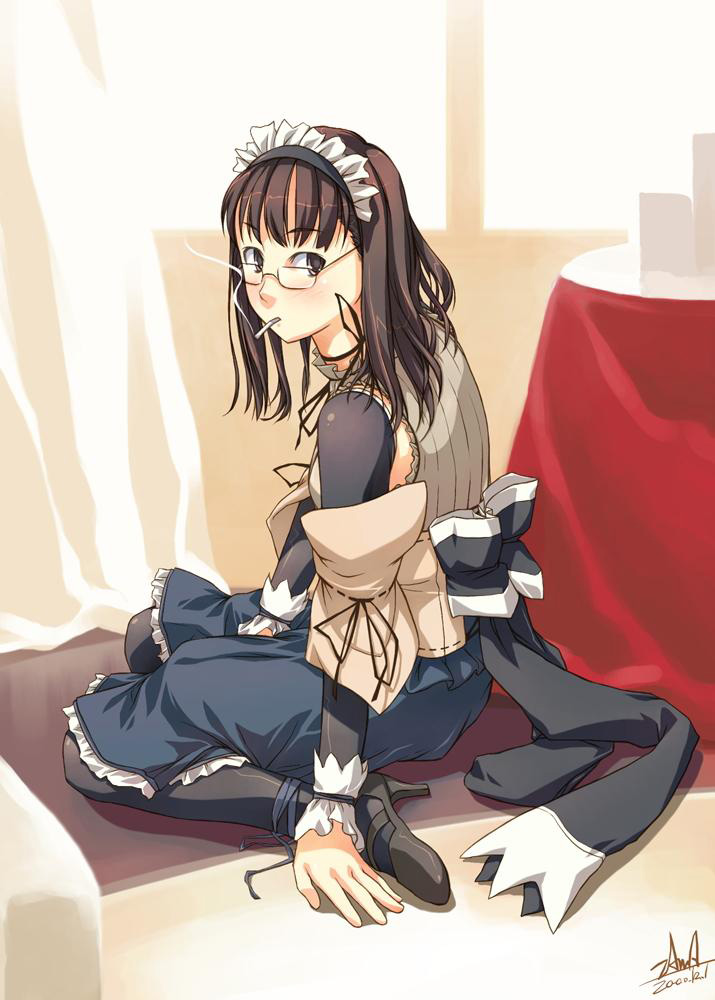 zama masaaki, original, 1girl, brown hair, cigarette, curtains, female focus, glasses, looking back, maid, maid headdress, pantyhose, smoking, solo, table, window