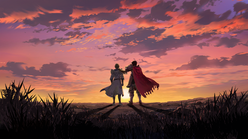 kasel (king's raid), king's raid, artist request, commentary, commentary request, english commentary, game cg, korean commentary, mixed-language commentary, official art, 2boys, armor, cape, clause (king's raid), cloud, cloudy sky, coat, facing away, floating clothes, hood, hooded coat, multiple boys, pauldrons, red cape, shadow, shoulder armor, sky, sunset, white coat, wind