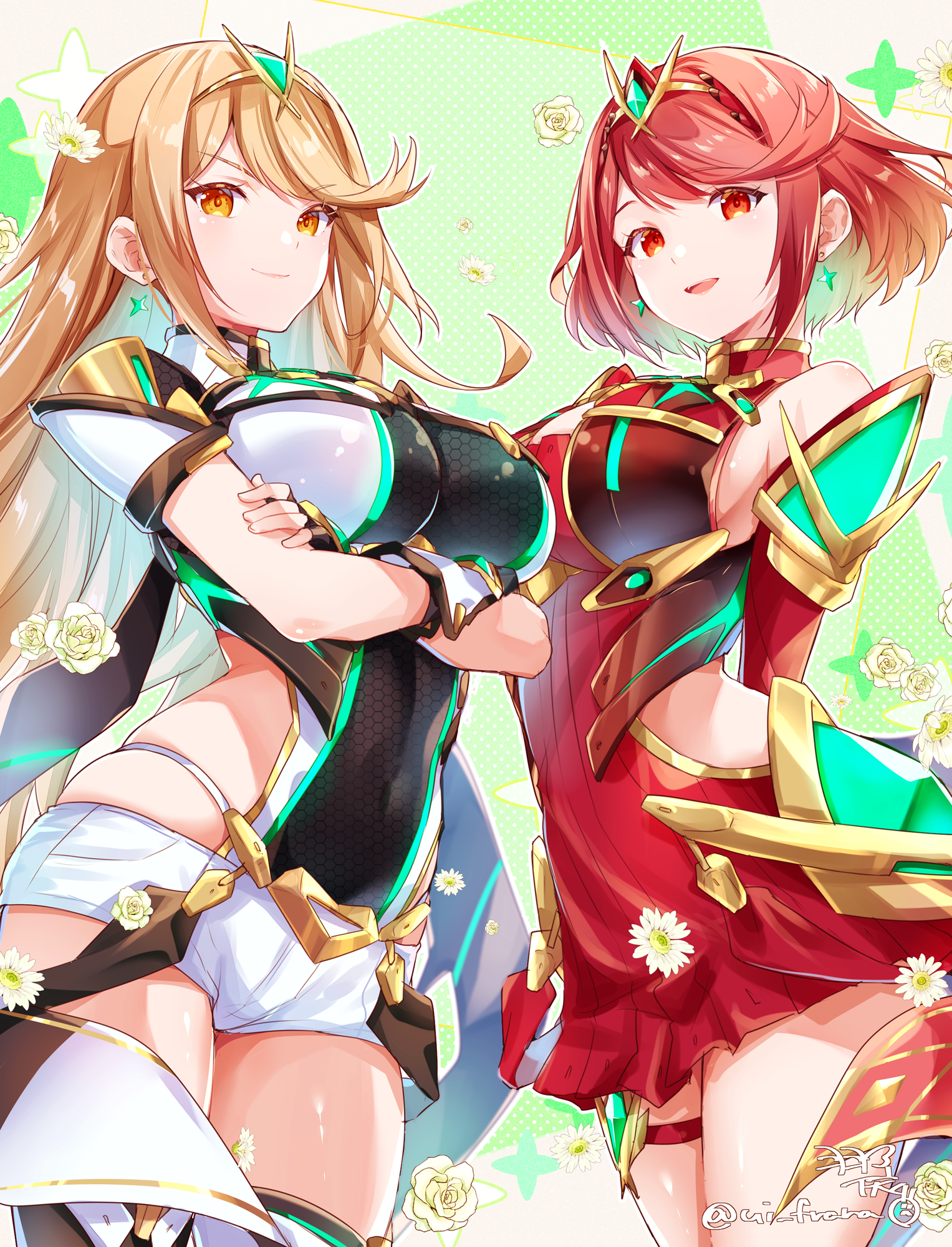 ui frara, mythra (xenoblade), pyra (xenoblade), xenoblade chronicles (series), xenoblade chronicles 2, highres, 2girls, bare shoulders, blonde hair, blush, breasts, cosplay, costume switch, earrings, headpiece, jewelry, large breasts, long hair, looking at viewer, multiple girls, mythra (xenoblade) (cosplay), palette swap, pyra (xenoblade) (cosplay), red eyes, red hair, short hair, shorts, smile, swept bangs, tiara, very long hair, yellow eyes