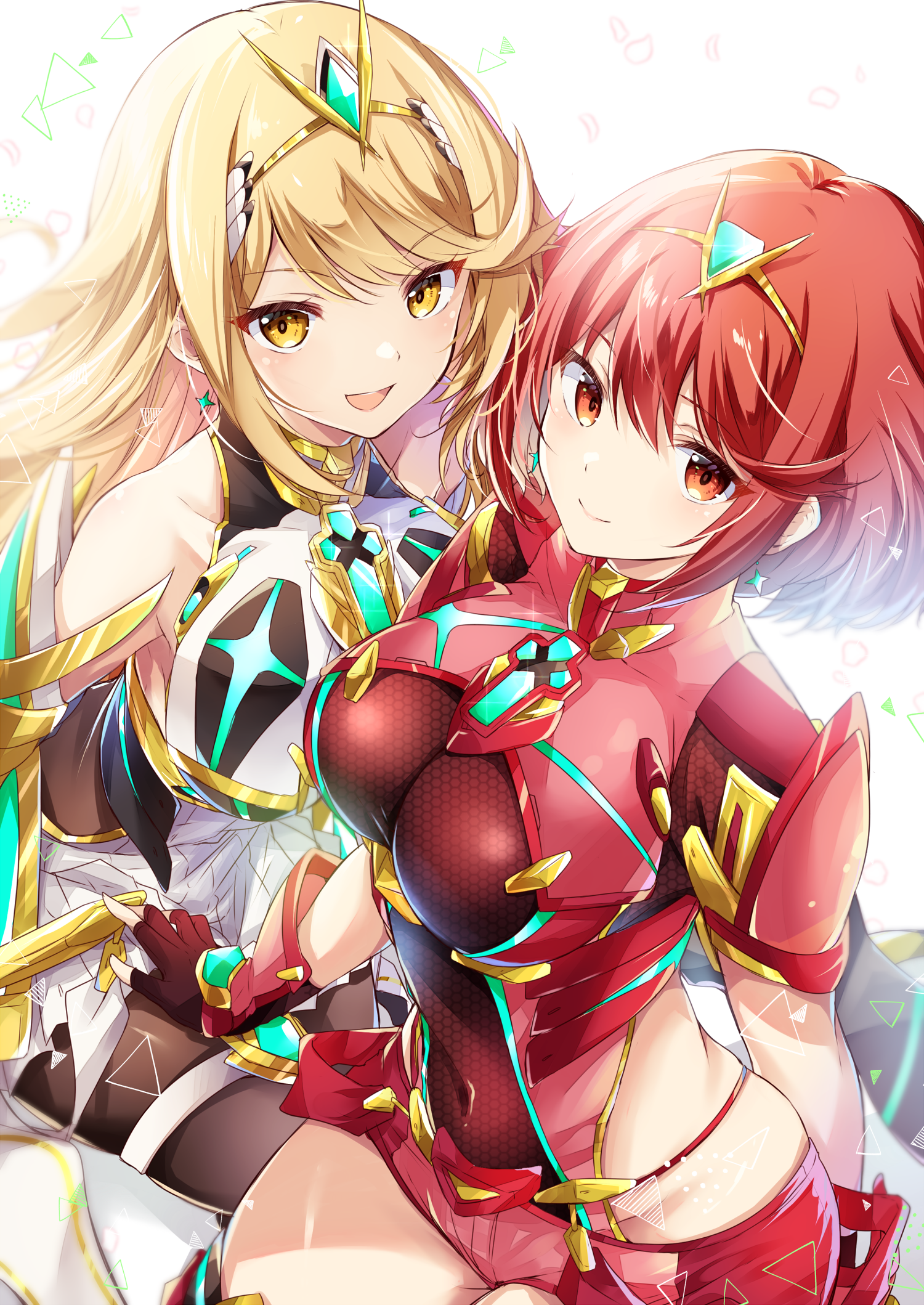 ui frara, mythra (massive melee) (xenoblade), mythra (xenoblade), pyra (xenoblade), xenoblade chronicles (series), xenoblade chronicles 2, highres, 2girls, bare shoulders, blonde hair, breasts, chest jewel, dress, earrings, impossible clothes, jewelry, multiple girls, open mouth, red eyes, red hair, sleeveless, sleeveless dress, star (symbol), star earrings, swept bangs, thigh strap, tiara, yellow eyes