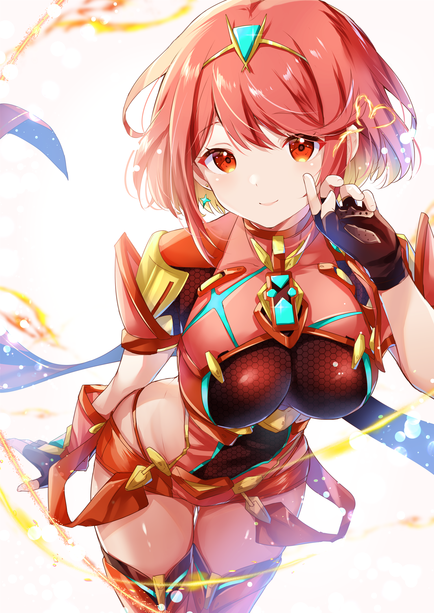 ui frara, pyra (xenoblade), xenoblade chronicles (series), xenoblade chronicles 2, commentary, highres, 1girl, backless outfit, blush, bob cut, breasts, chest jewel, core crystal (xenoblade), earrings, fingerless gloves, fire, floating earrings, gloves, headpiece, jewelry, large breasts, looking at viewer, red eyes, red hair, red shorts, short hair, short sleeves, shorts, simple background, smile, solo, swept bangs, thighhighs, tiara, white background
