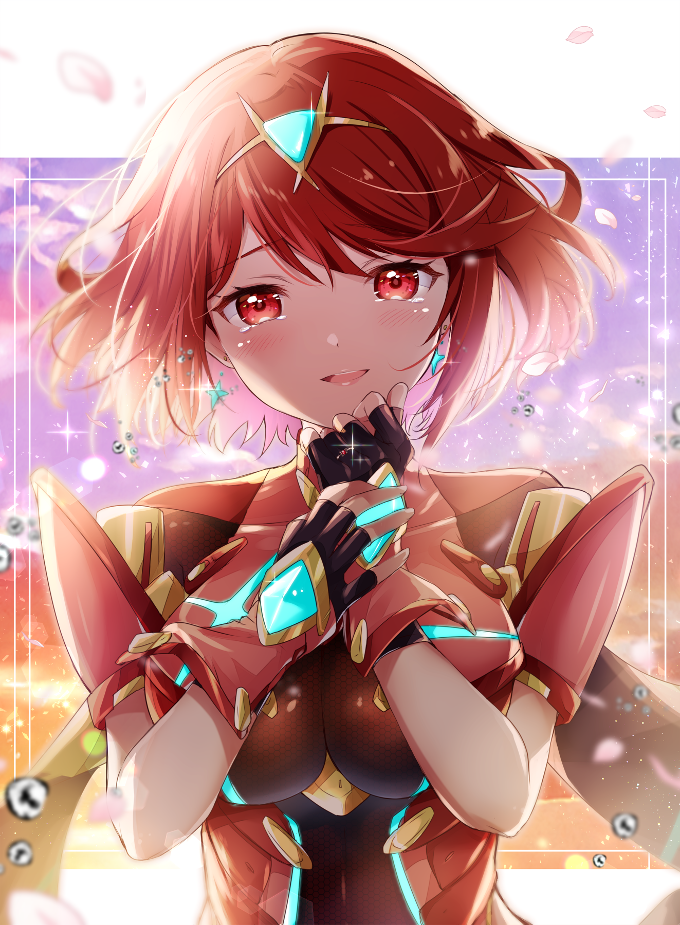 ui frara, pyra (xenoblade), xenoblade chronicles (series), xenoblade chronicles 2, highres, 1girl, blush, breasts, earrings, fingerless gloves, floating earrings, gem, gloves, headpiece, jewelry, large breasts, looking at viewer, open mouth, red eyes, red hair, short hair, smile, solo, swept bangs, tears, tiara