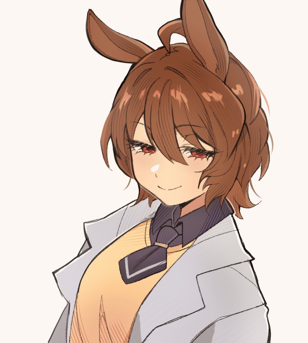 oniyanna, agnes tachyon (umamusume), umamusume, commentary, english commentary, 1girl, animal ears, black necktie, black shirt, brown hair, closed mouth, coat, collared shirt, cowlick, hair between eyes, horse ears, horse girl, lab coat, light smile, medium hair, necktie, red eyes, shirt, short necktie, simple background, solo, sweater, upper body, white background, white coat, wolf cut, yellow sweater