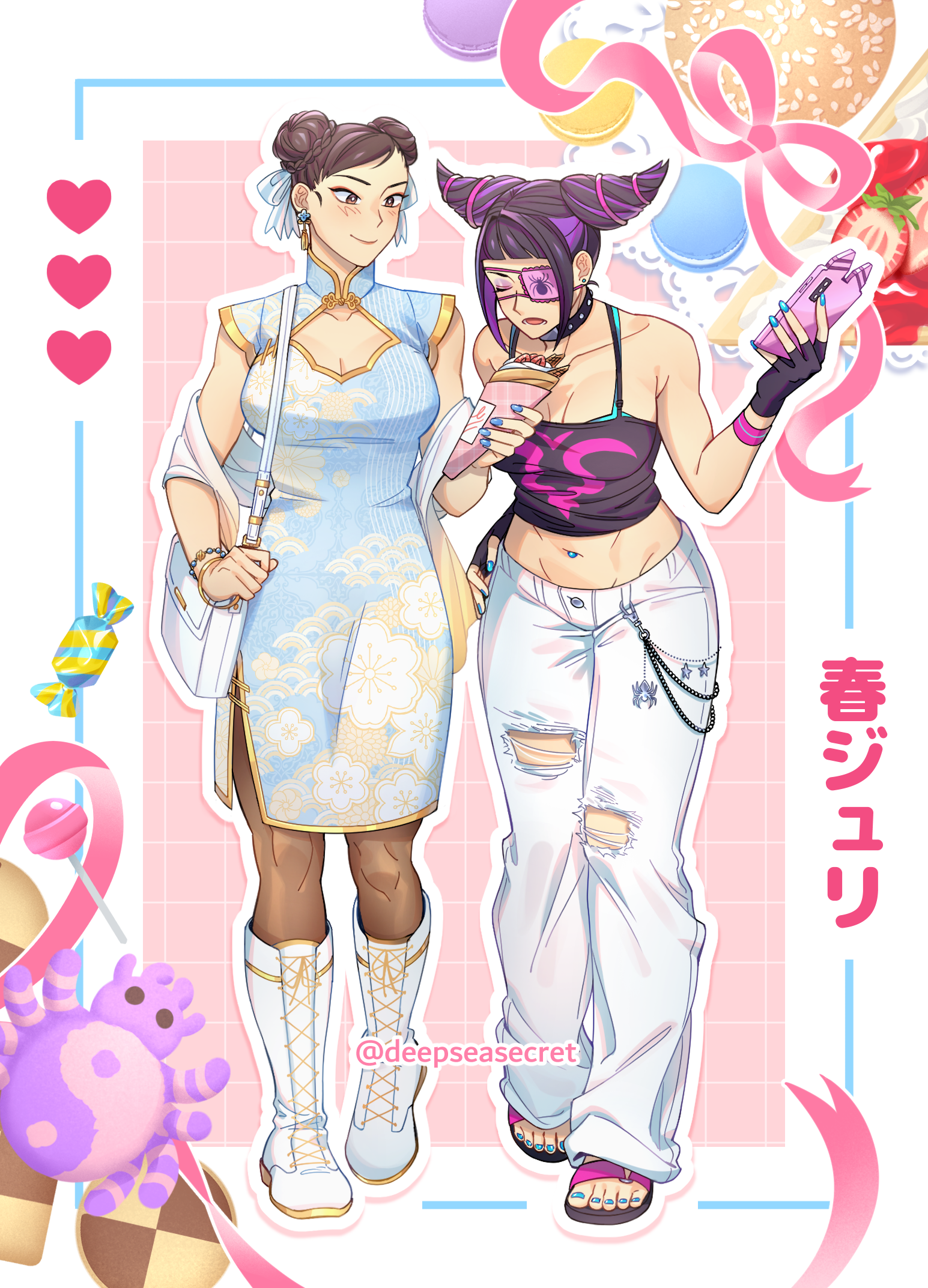 deepseasecret, chun-li, han juri, capcom, street fighter, commentary, english commentary, highres, 2girls, alternate costume, artist name, bag, boots, breasts, camisole, candy, casual, cellphone, chinese clothes, cleavage, cleavage cutout, clothing cutout, cookie, crepe, denim, eyepatch, fingerless gloves, food, gloves, hair horns, handbag, heart, holding, holding bag, holding crepe, holding food, jeans, multiple girls, official alternate costume, pants, phone, sandals, smartphone, torn clothes, torn jeans, torn pants, twitter username