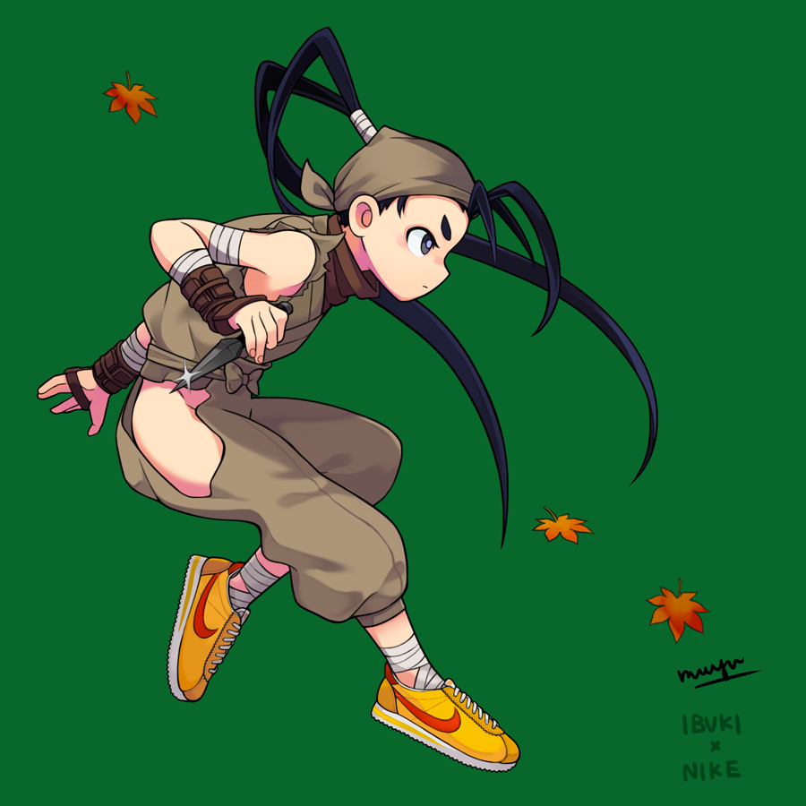 mugu, ibuki (street fighter), nike (company), street fighter, street fighter iii (series), antenna hair, autumn leaves, bandaged arm, bandages, bandana, black hair, bow, clothing cutout, fingerless gloves, gloves, green background, hip vent, holding, holding weapon, kunai, leaf, ninja, ponytail, shoes, sparkle, tiptoes, torn clothes, torn sleeves, waist bow, weapon