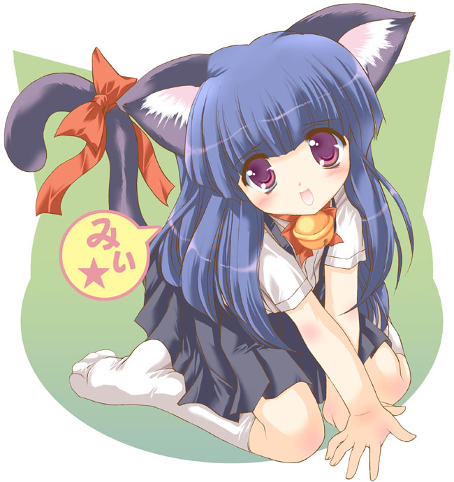 mizushiro takuya, furude rika, higurashi no naku koro ni, original, 00s, 1girl, animal ears, bell, blue hair, blunt bangs, cat ears, cat tail, female focus, hime cut, jingle bell, kneeling, long hair, looking at viewer, open mouth, purple eyes, ribbon, school uniform, serafuku, skirt, socks, solo, suspender skirt, suspenders, tail, white background
