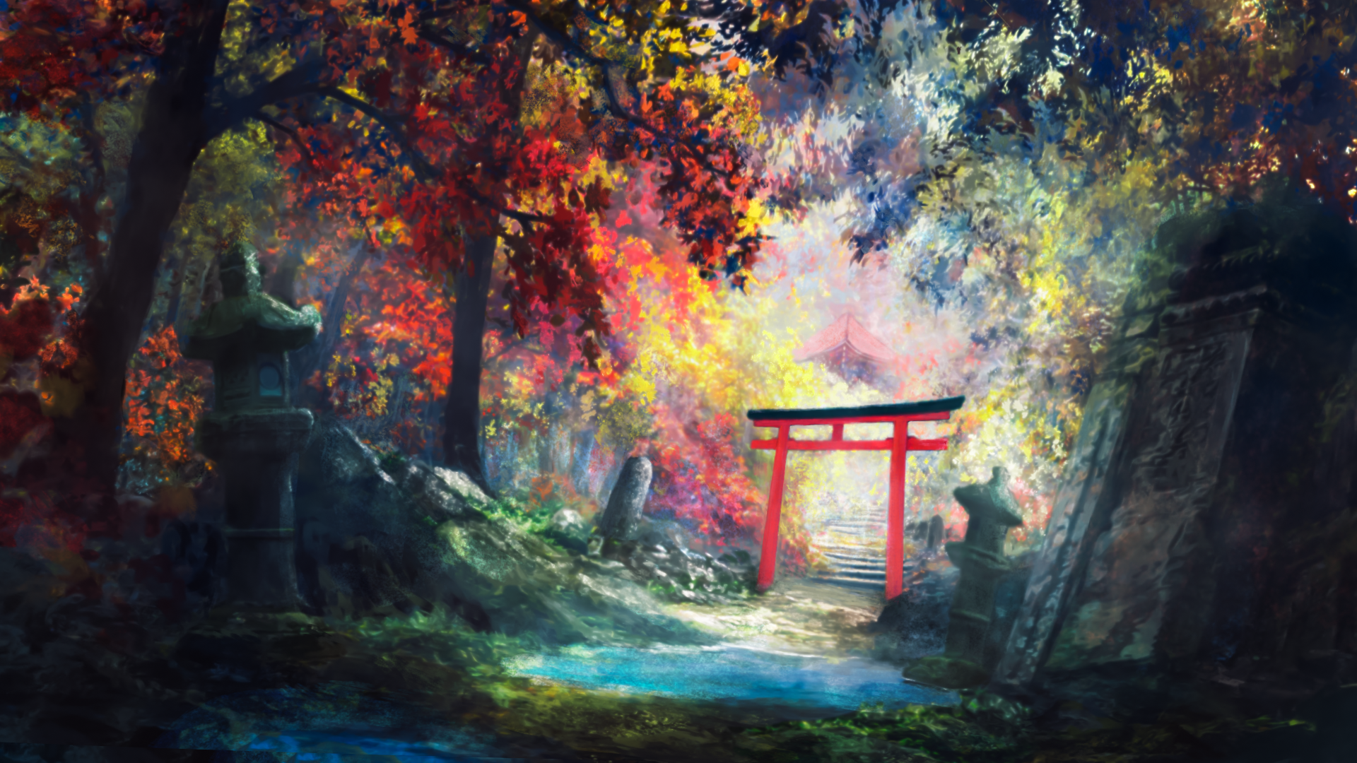 zaq (pgvc4472), original, chinese commentary, commentary, highres, autumn leaves, day, forest, lantern, leaf, nature, no humans, outdoors, scenery, torii, tree