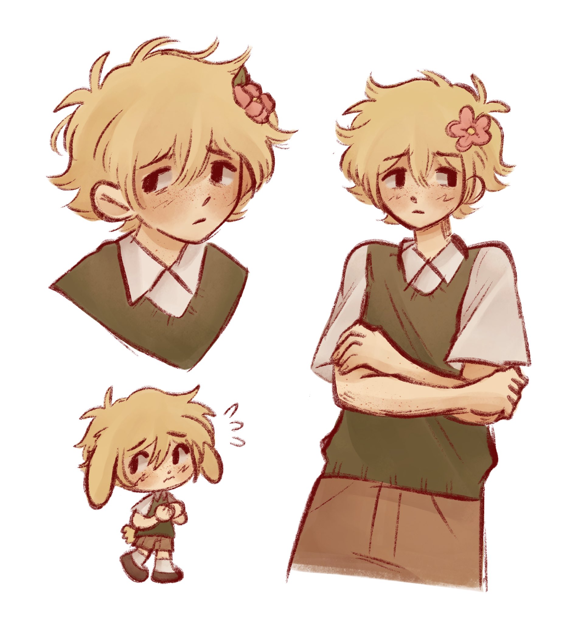 ginakusgf, basil (faraway) (omori), basil (omori), omori, highres, 1boy, alternate eye color, animal ears, antenna hair, black eyes, blonde hair, blush, brown shoes, chibi, closed mouth, collared shirt, crossed arms, flower, flying sweatdrops, green sweater vest, hair flower, hair ornament, kemonomimi mode, looking at viewer, rabbit boy, rabbit ears, rabbit tail, shirt, shoes, short hair, short sleeves, sidelocks, simple background, solo, sweater vest, tail, white background, white shirt