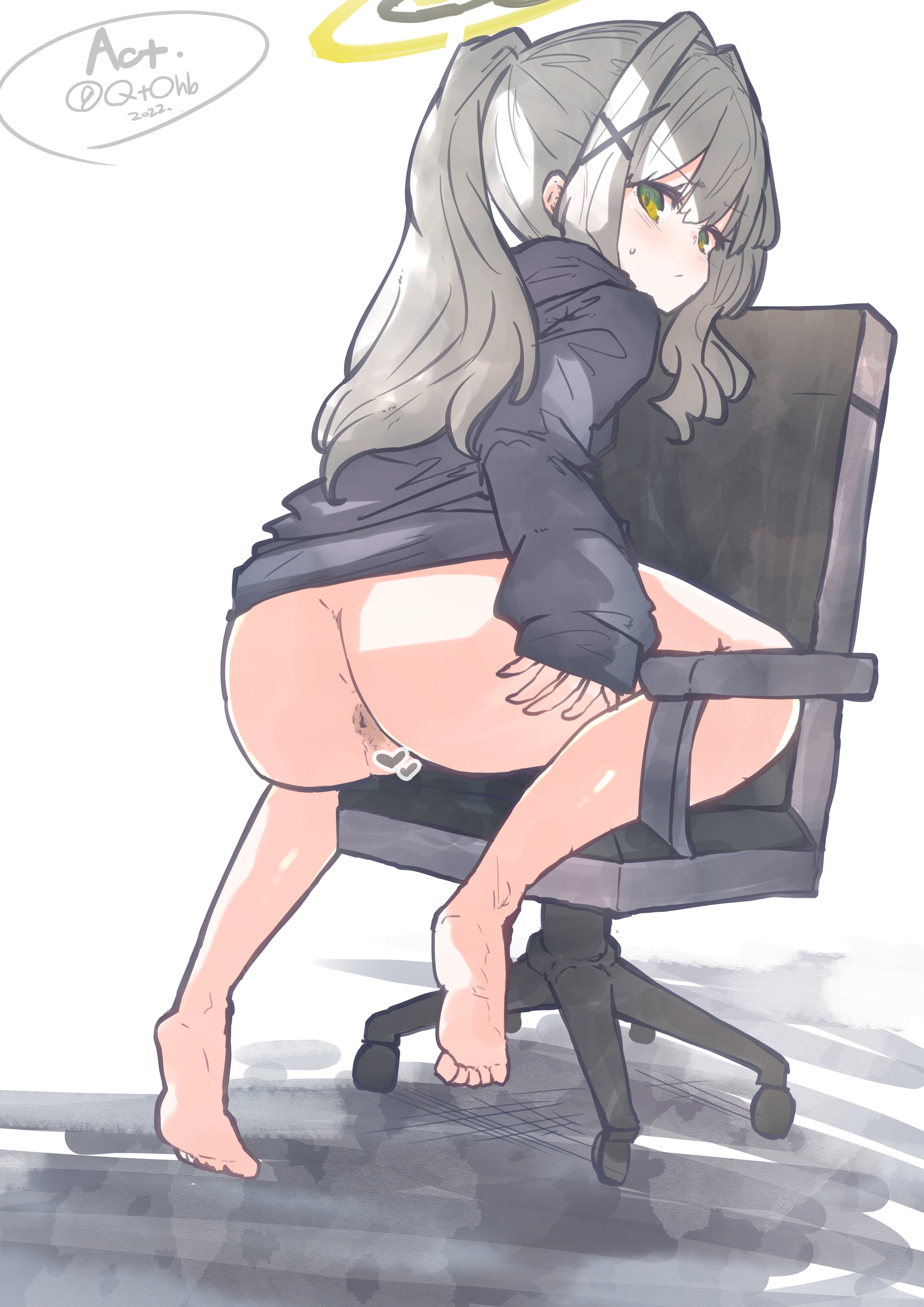 act. (neko6black), hare (blue archive), blue archive, absurdres, highres, 1girl, anus, ass, barefoot, bottomless, censored, from behind, full body, green eyes, long hair, looking back, ponytail, soles, solo, white hair