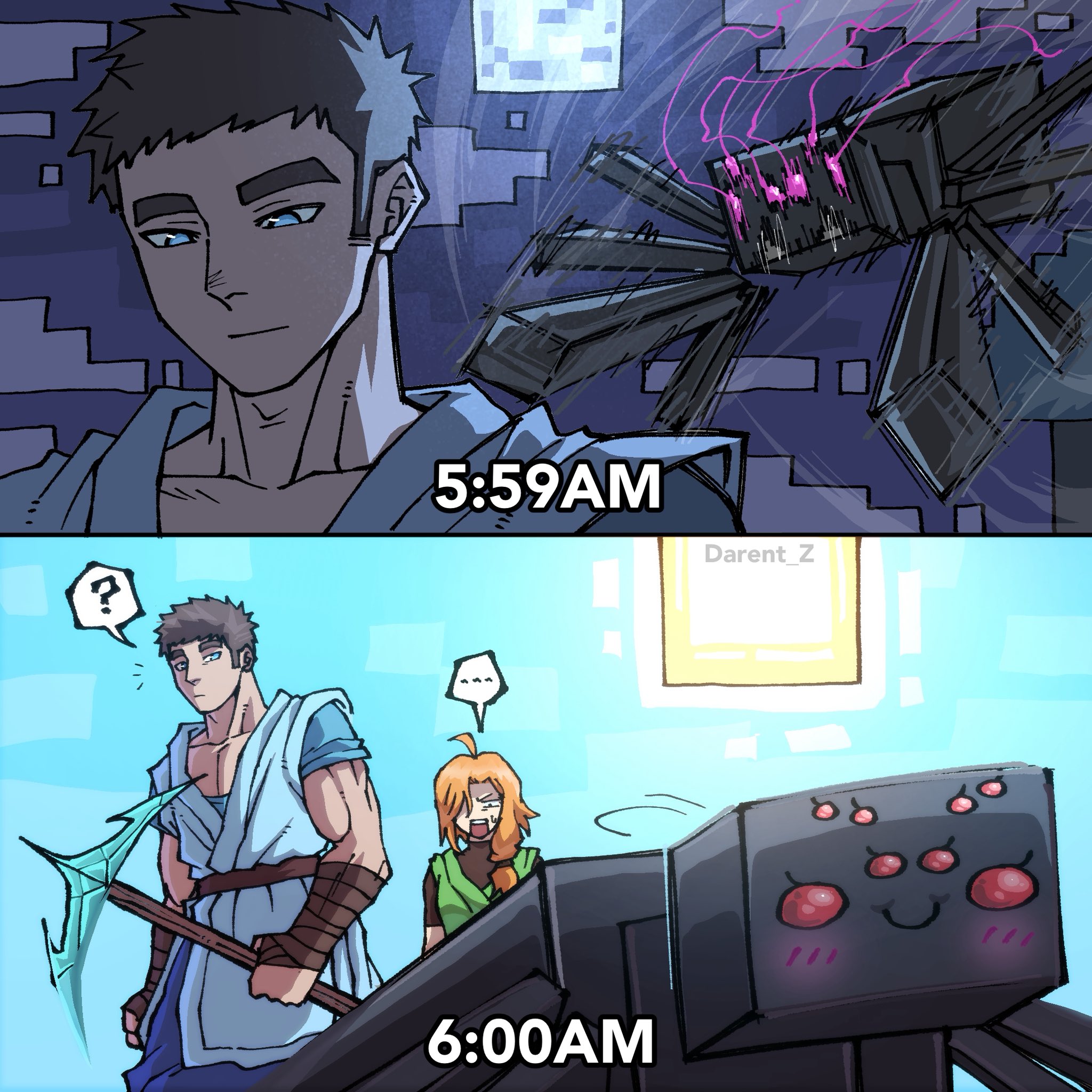 darent z, alex (minecraft), spider (minecraft), steve (minecraft), minecraft, highres, …, 1boy, 1girl, ahoge, arm wrap, blush stickers, brown hair, glowing, glowing eyes, long hair, minecraft pickaxe, orange hair, pickaxe, red eyes, shirt, short hair, smile, sun, timestamp