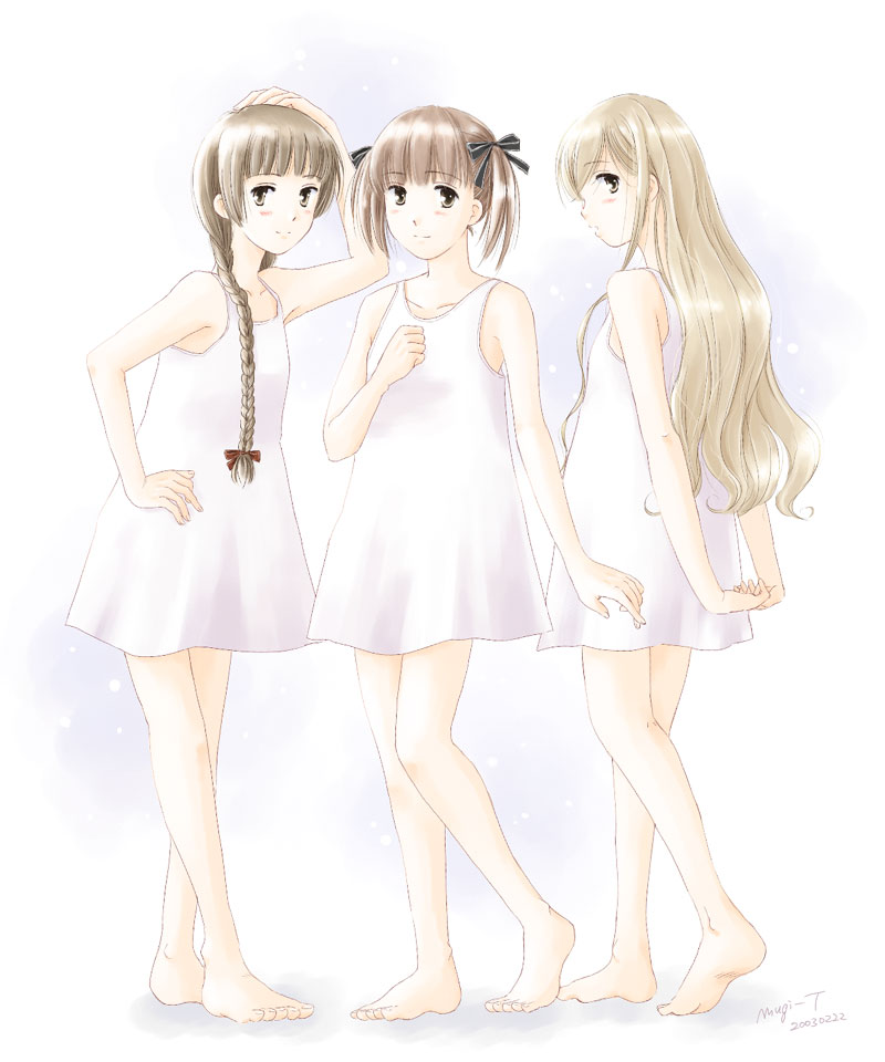 takahashi mugi, fukuzawa yumi, shimazu yoshino, toudou shimako, maria-sama ga miteru, 00s, 3girls, barefoot, feet, hand on own head, hand on own hip, legs, lingerie, multiple girls, nightgown, underwear