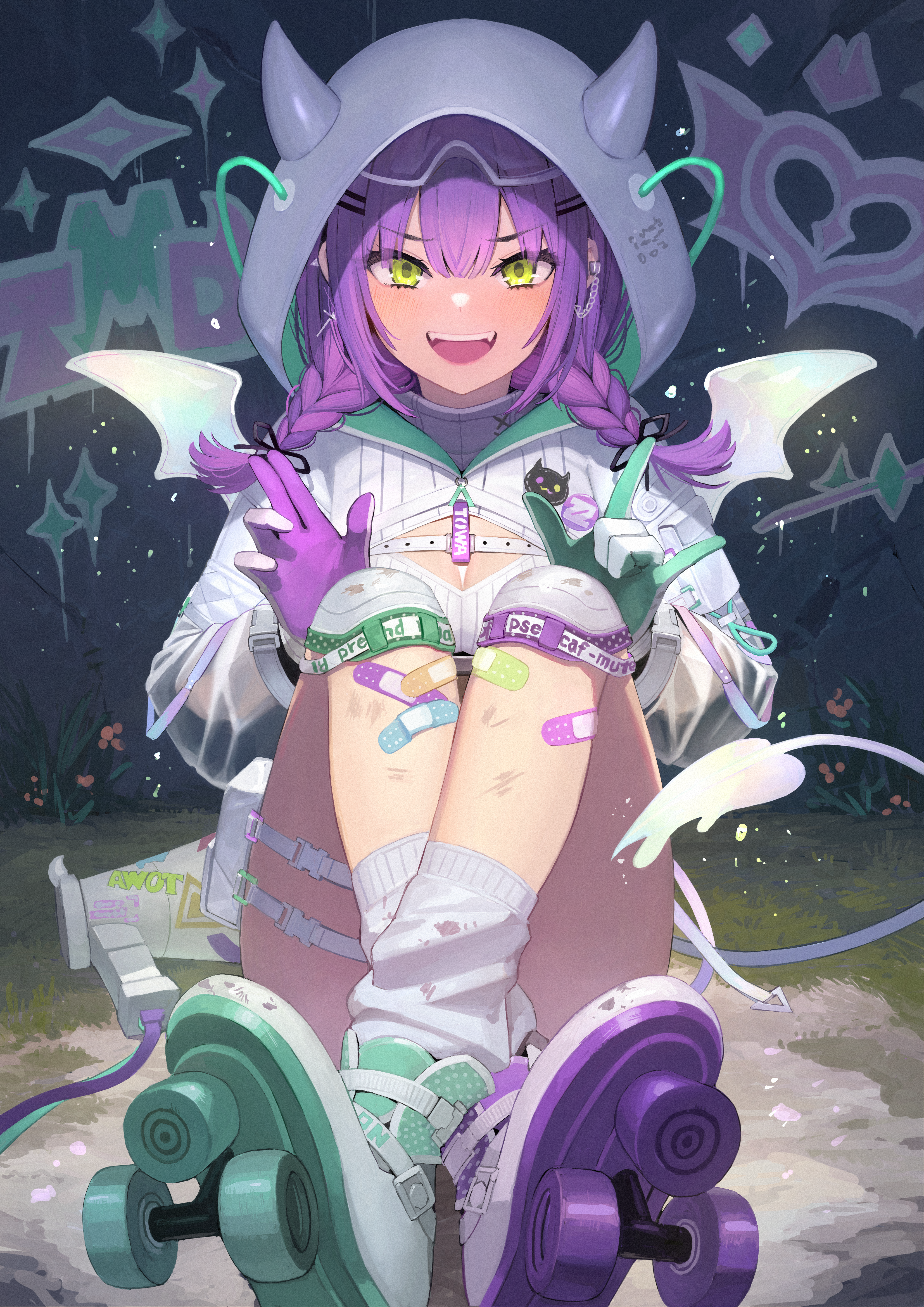 eguchi tumoru, tokoyami towa, tokoyami towa (cyberpunk), hololive, absurdres, highres, 1girl, bandaid, bandaid on leg, bandeau, crossed ankles, demon hood, demon tail, goggles, goggles on head, graffiti, green eyes, hooded shrug, long hair, looking at viewer, megaphone, melting tail, open mouth, pink hair, purple hair, ribbed bandeau, roller skates, shrug (clothing), sitting, skates, snow goggles, solo, tail, two-sided gloves, virtual youtuber, white bandeau