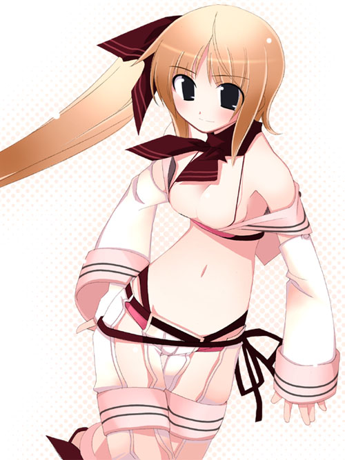 arata toshihira, baek changpo, senkou no ronde, 1girl, armpits, black eyes, blonde hair, breasts, collar, detached collar, detached sleeves, female focus, long hair, midriff, navel, ponytail, shorts, sideboob, simple background, small breasts, smile, solo, white background, white theme