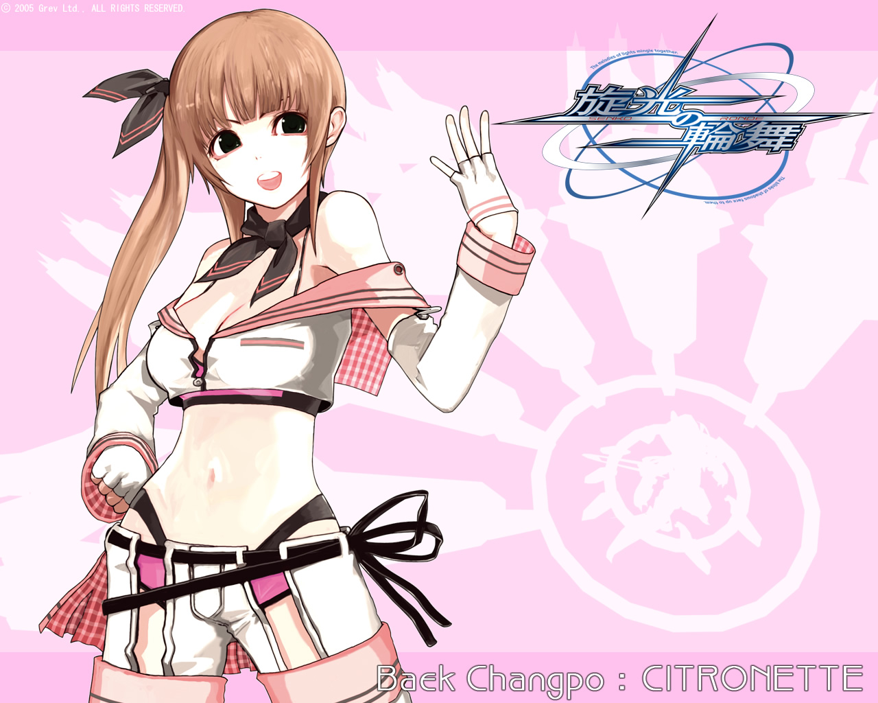 sogabe shuuji, takayama mizuki, baek changpo, citronette, senkou no ronde, plaid, official art, official wallpaper, 1girl, :d, arm up, ascot, bare shoulders, belt, black eyes, blunt bangs, breasts, cleavage, crop top, detached sleeves, female focus, fingerless gloves, gloves, hair ribbon, hand on own hip, highleg, highleg panties, hip focus, long hair, mecha, medium breasts, midriff, navel, off shoulder, open mouth, panties, ponytail, ribbon, robot, side ponytail, smile, solo, thighhighs, underwear, wide hips