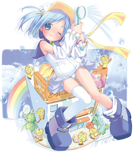 emw, pop, pastel ink, moetan, eyebrows, visor, lowres, 00s, 1girl, asymmetrical clothes, blue eyes, blue hair, bubble, detached sleeves, female focus, inkchan, knees together feet apart, matching hair/eyes, one-piece swimsuit, one eye closed, one side up, rainbow, school swimsuit, short hair, single thighhigh, solo, swimsuit, text focus, thighhighs, visor cap, white one-piece swimsuit, white school swimsuit, wink