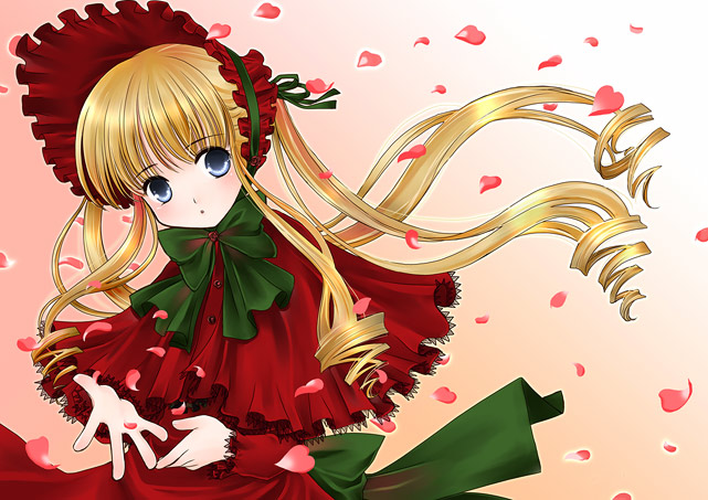 sakuragi akira, shinku, rozen maiden, 00s, 1girl, blonde hair, blush, dress, female focus, long hair, petals, solo, wind