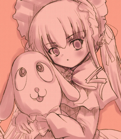 shinshin, kunkun, shinku, rozen maiden, lowres, 00s, 1girl, blush, bonnet, capelet, dress, female focus, holding, looking at viewer, monochrome, solo, stuffed animal, stuffed toy, twintails, upper body