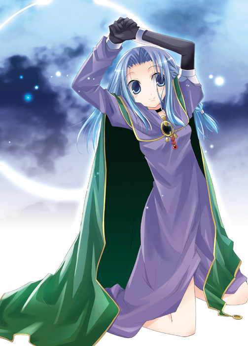 tamaoka kagari, medea (caster) (fate), medea (fate), fate/stay night, fate (series), looking away, 00s, 1girl, arms up, asymmetrical clothes, black gloves, blue eyes, blue hair, blush, cape, dress, elbow gloves, female focus, gloves, kneeling, long dress, matching hair/eyes, own hands together, purple dress, solo