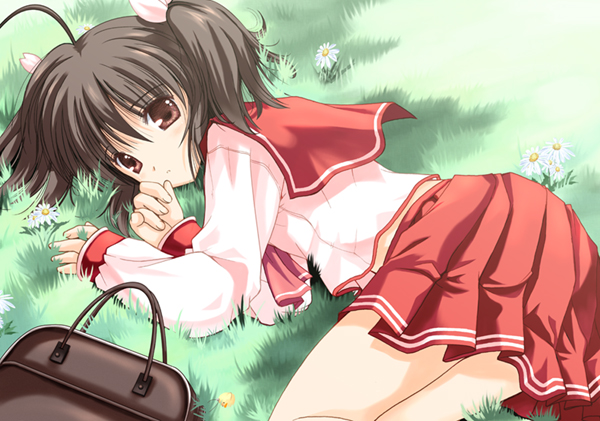 watari masahito, yuzuhara konomi, to heart (series), to heart 2, 00s, 1girl, ahoge, bag, black hair, blush, brown eyes, brown hair, embarrassed, female focus, flat chest, flower, from above, grass, hair ribbon, lying, midriff, on ground, on side, pink eyes, pleated skirt, ribbon, school bag, school uniform, serafuku, short hair, short twintails, skirt, solo, twintails