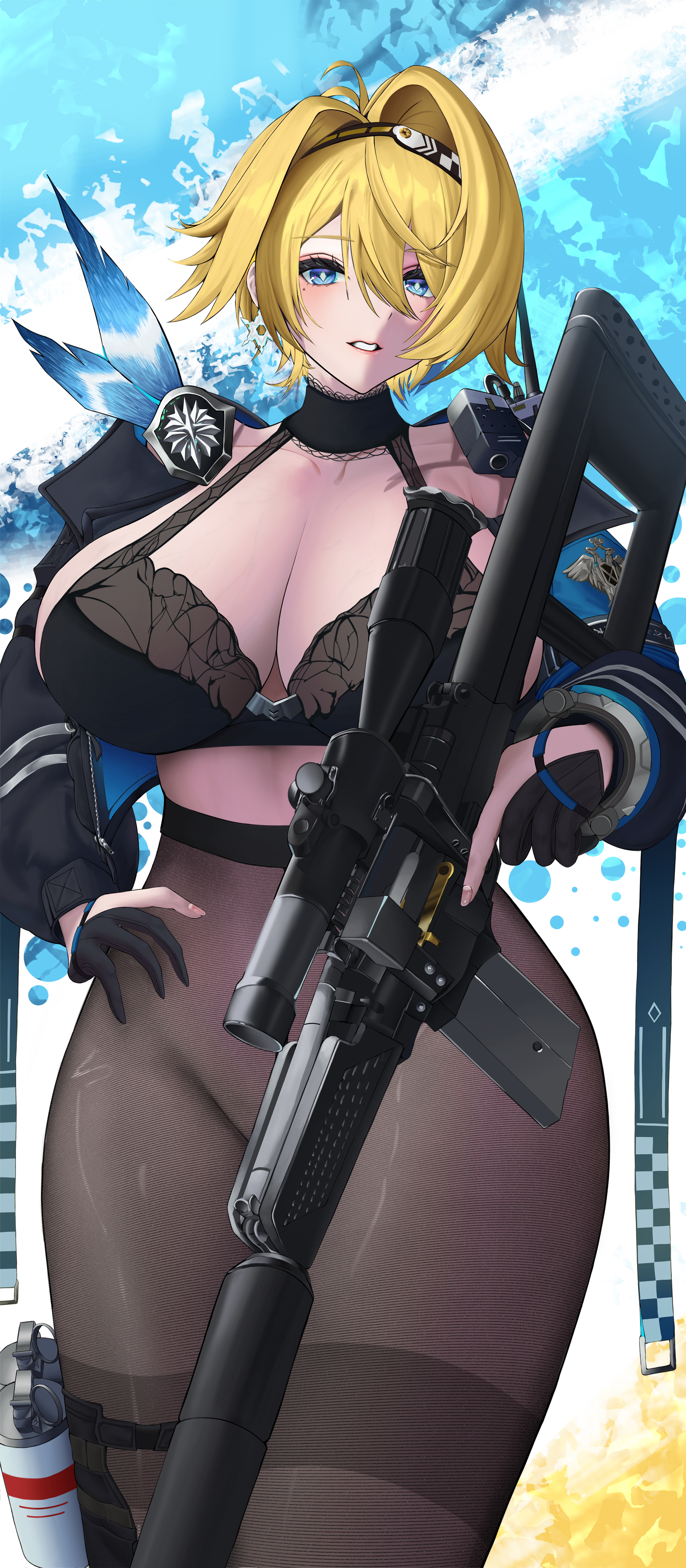 rirarirakumi, nikketa (girls' frontline 2), vsk-94 (girls' frontline), girls' frontline, girls' frontline 2: exilium, absurdres, commentary, highres, 1girl, black bra, black choker, black gloves, black hairband, black jacket, black pantyhose, blonde hair, blue eyes, bra, breasts, choker, cleavage, convenient censoring, cuffs, earrings, explosive, gloves, grenade, gun, hair between eyes, hair intakes, hair ornament, hairband, hand on own hip, handcuffs, holding, holding gun, holding weapon, jacket, jewelry, large breasts, long sleeves, looking at viewer, mole, mole under eye, no pants, no shirt, off shoulder, pantyhose, parted lips, partially fingerless gloves, rifle, scope, short hair, sidelocks, sniper rifle, snowflake earrings, solo, standing, thighband pantyhose, trigger discipline, underwear, vsk-94, walkie-talkie, weapon