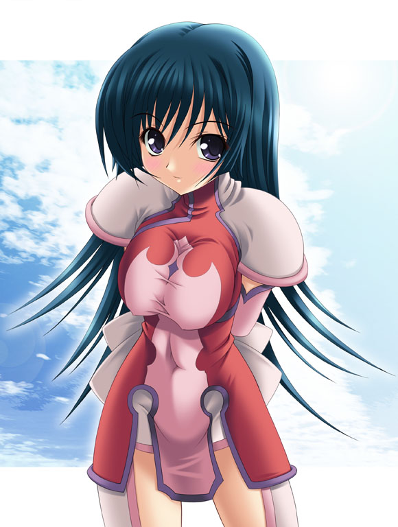 noritama (gozen), kotona elegance, zoids, zoids genesis, 00s, 1girl, aqua background, arms behind back, blue hair, blush, breasts, cloud, female focus, large breasts, long hair, purple eyes, sky, solo
