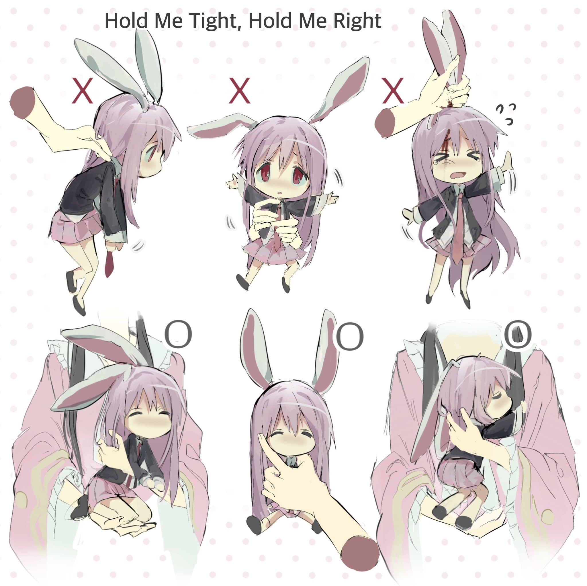 sesmkun, houraisan kaguya, reisen udongein inaba, touhou, highres, 2girls, animal ears, black hair, black jacket, black shoes, blazer, blood, closed mouth, collared shirt, disembodied hand, flying sweatdrops, grabbing another's ear, hand on another's ear, holding, holding mini person, jacket, long hair, long sleeves, mini person, multiple girls, multiple views, necktie, pink shirt, pleated skirt, purple hair, purple skirt, rabbit ears, rabbit girl, red eyes, red necktie, shirt, shoes, skirt, socks, white background, white shirt, white socks, wide sleeves