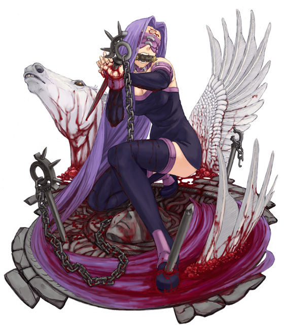 shinn (wilderness adventure), bellerophon (fate), medusa (fate), medusa (rider) (fate), fate/stay night, fate (series), 00s, 1girl, bdsm, bit gag, blindfold, blood, bondage, boots, bound, chain, colored blindfold, dress, facial mark, female focus, forehead mark, gag, gagged, guro, long hair, mouth hold, nameless dagger (fate), pegasus, purple hair, short dress, solo, thigh boots, thighhighs, very long hair